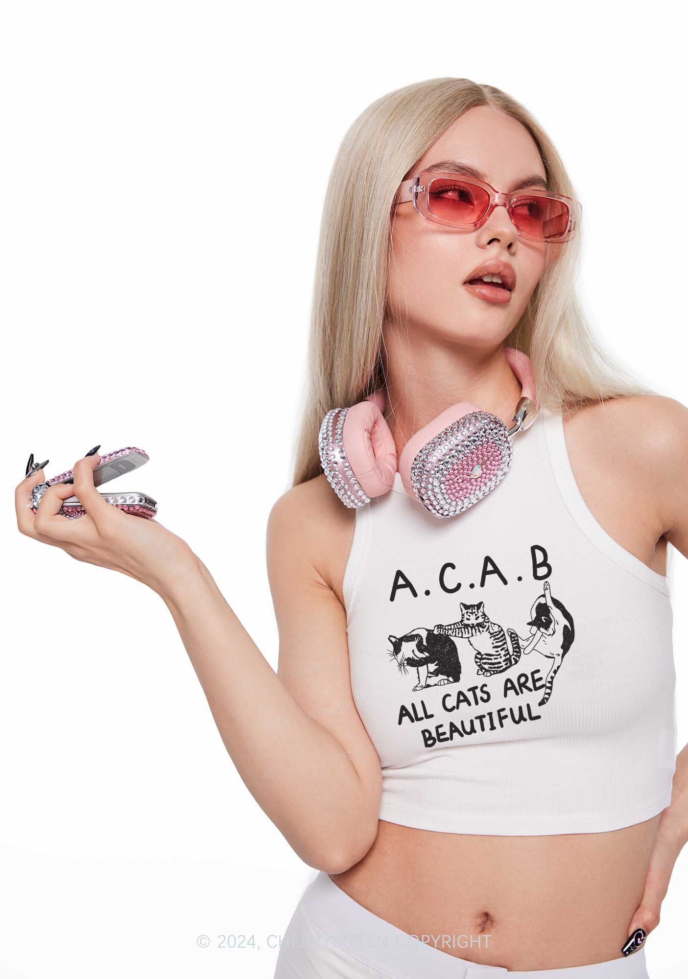 ACAB Cats Y2K Crop Tank Top Cherrykitten - Image 2