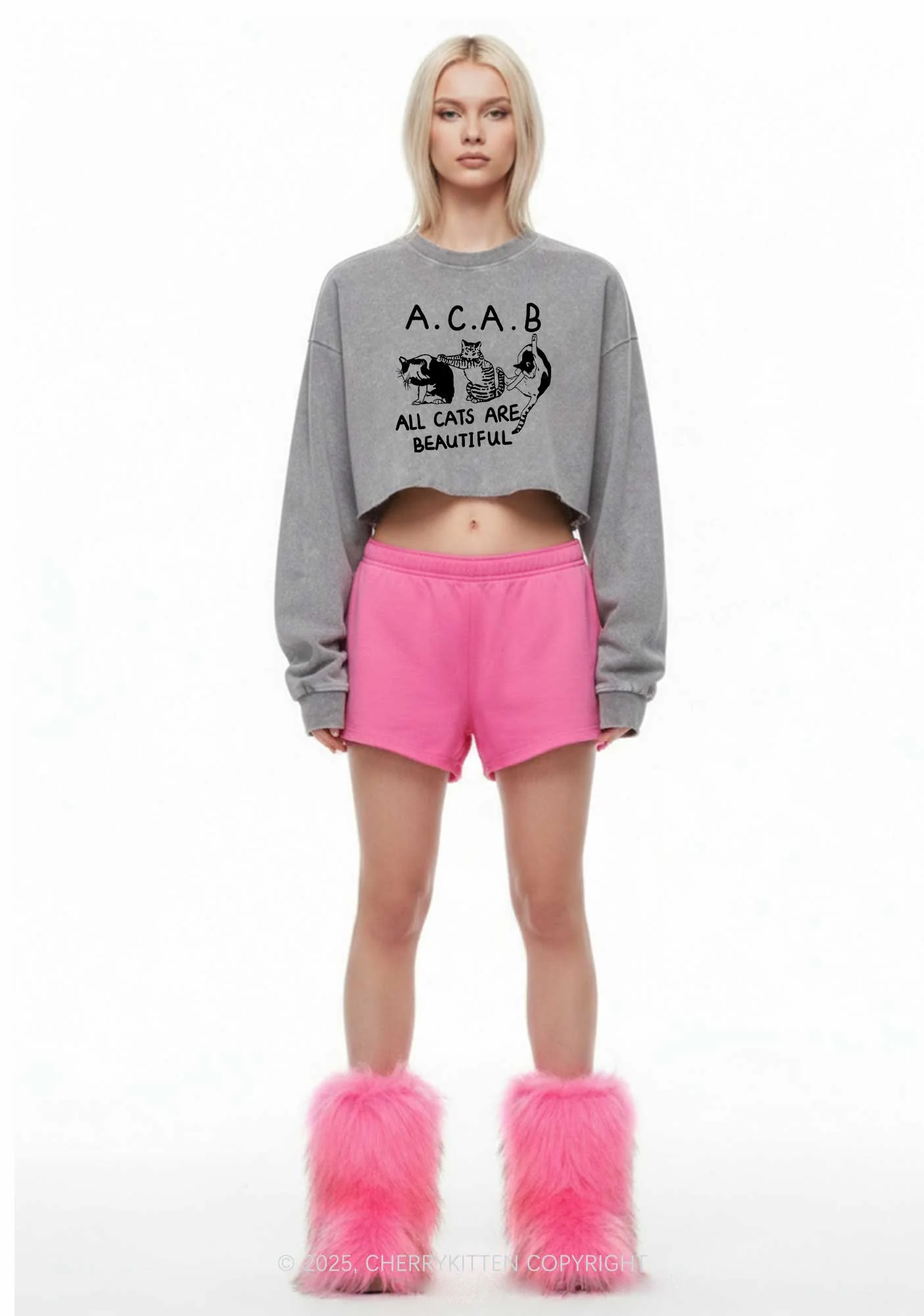 ACAB Cats Y2K Crop Washed Sweatshirts Cherrykitten - Image 2