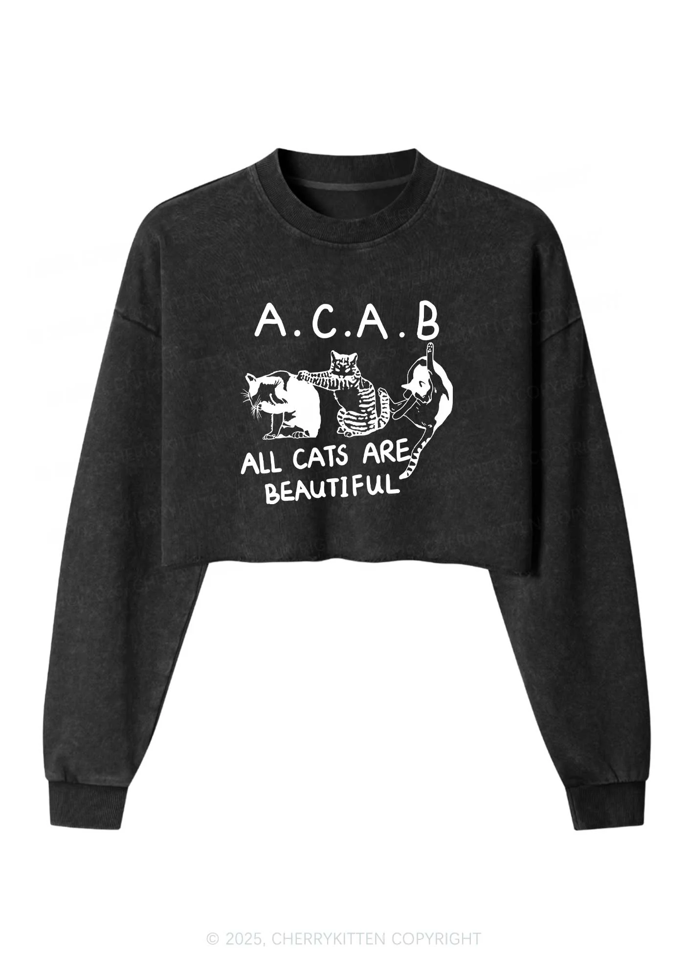 ACAB Cats Y2K Crop Washed Sweatshirts Cherrykitten - Image 3