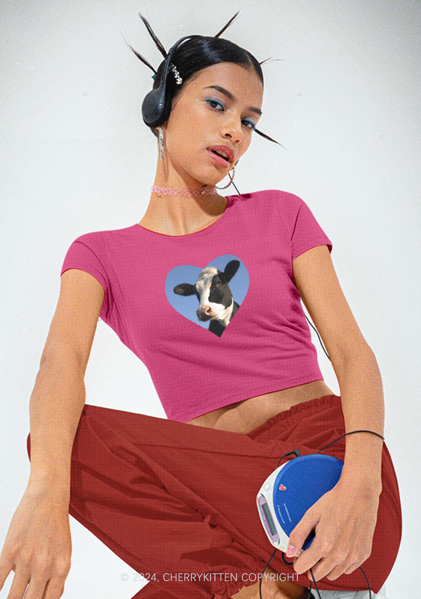 Attentive Cow Y2K Baby Tee Cherrykitten - Image 2
