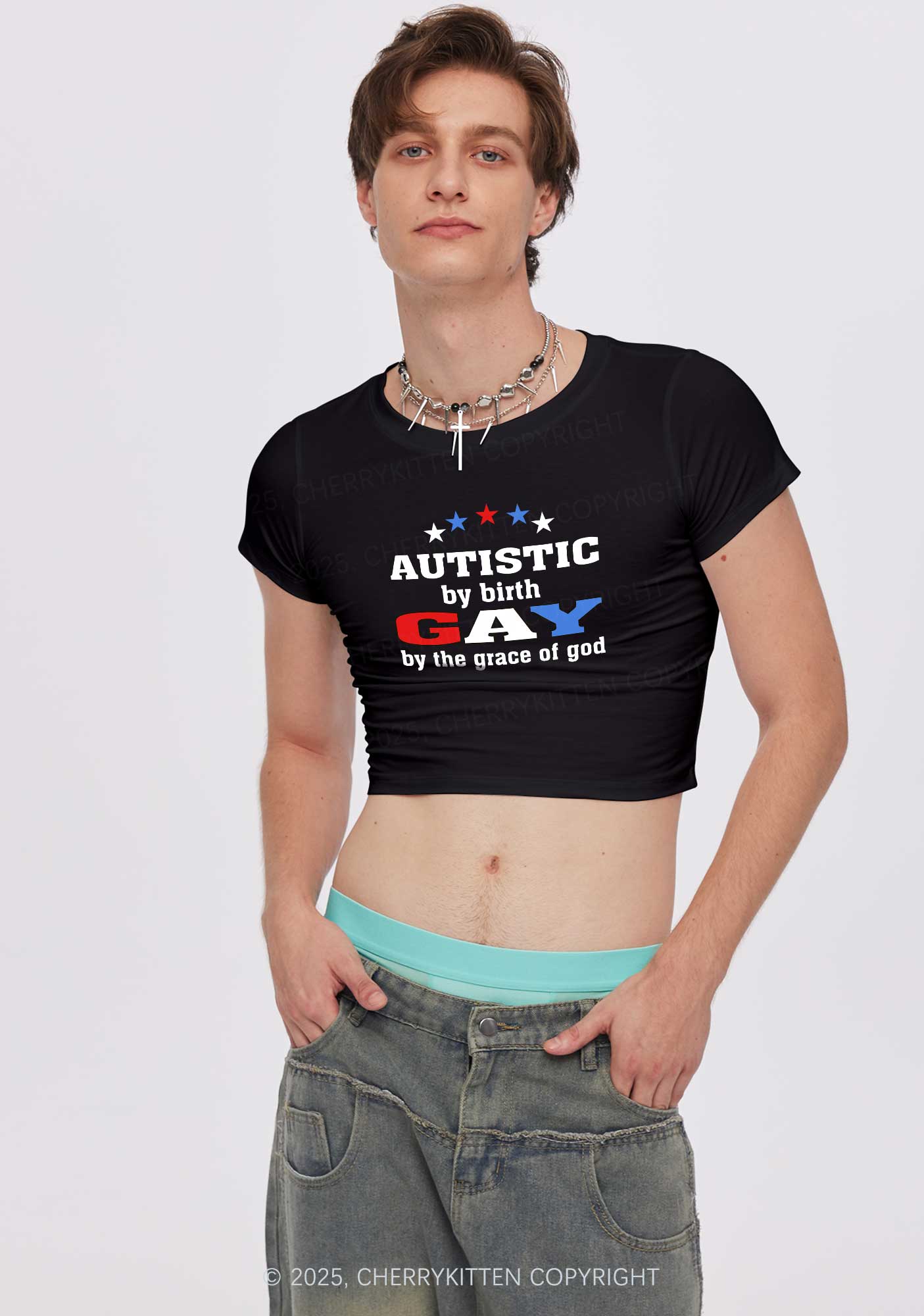Autistic By Birth Gay Pride Y2K Baby Tee Cherrykitten - Image 2