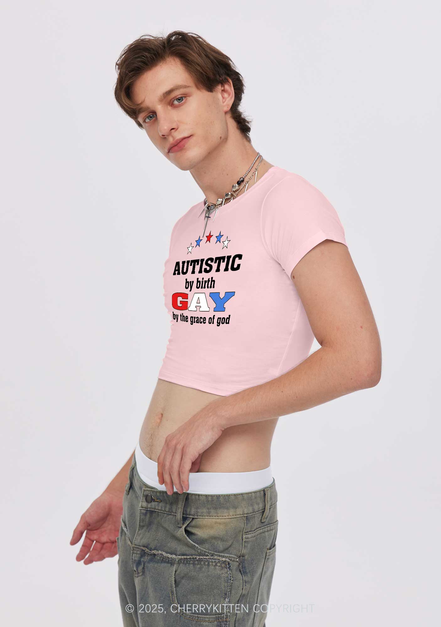 Autistic By Birth Gay Pride Y2K Baby Tee Cherrykitten - Image 3