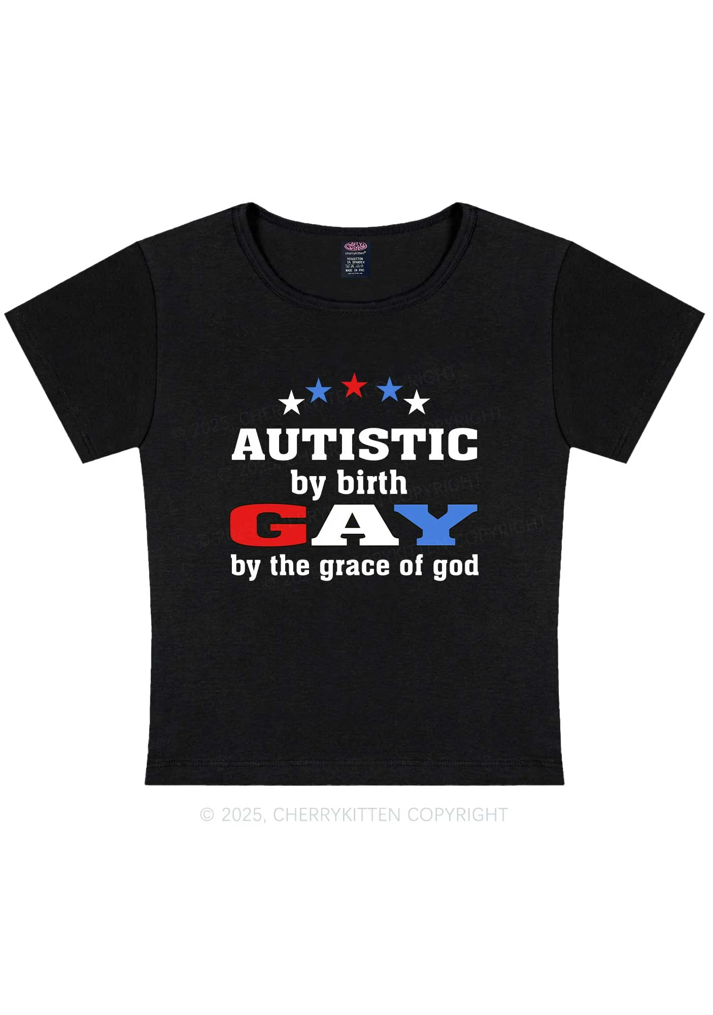 Autistic By Birth Gay Pride Y2K Baby Tee Cherrykitten - Image 4