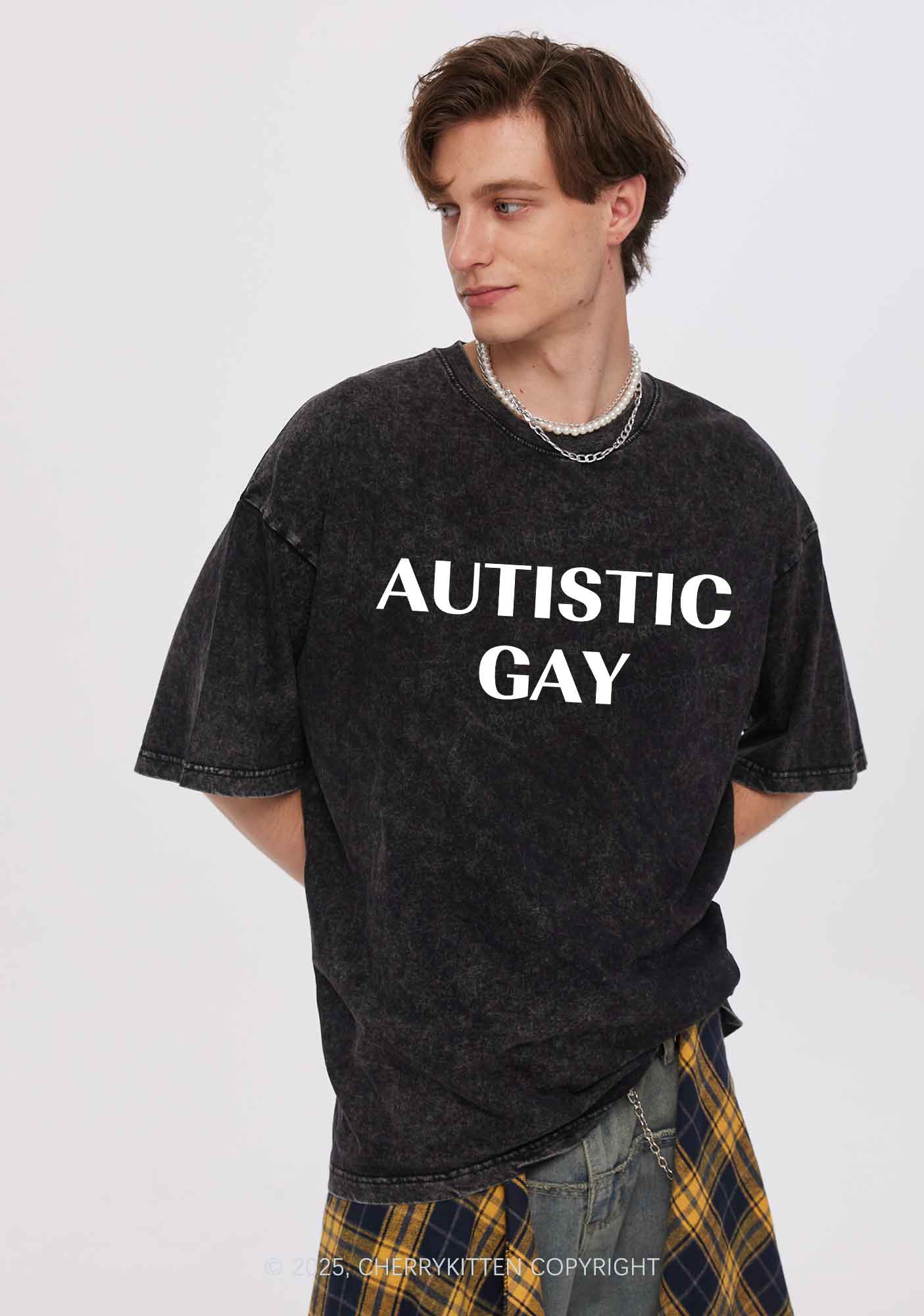 Autistic Gay Pride Y2K Shirts Washed Tee Cherrykitten - Image 2