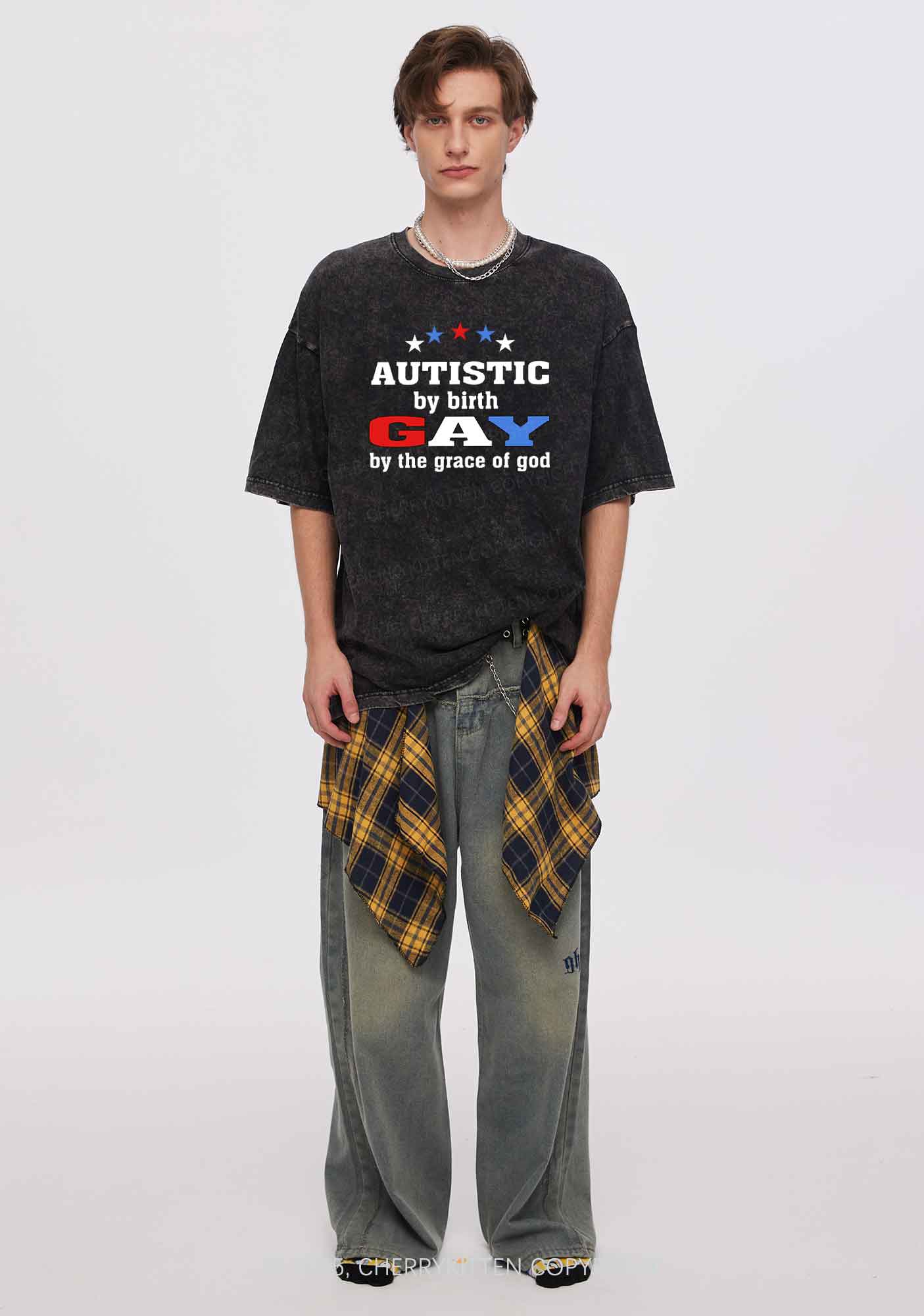 Autistic By Birth Gay Pride Y2K Shirts Washed Tee Cherrykitten - Image 2