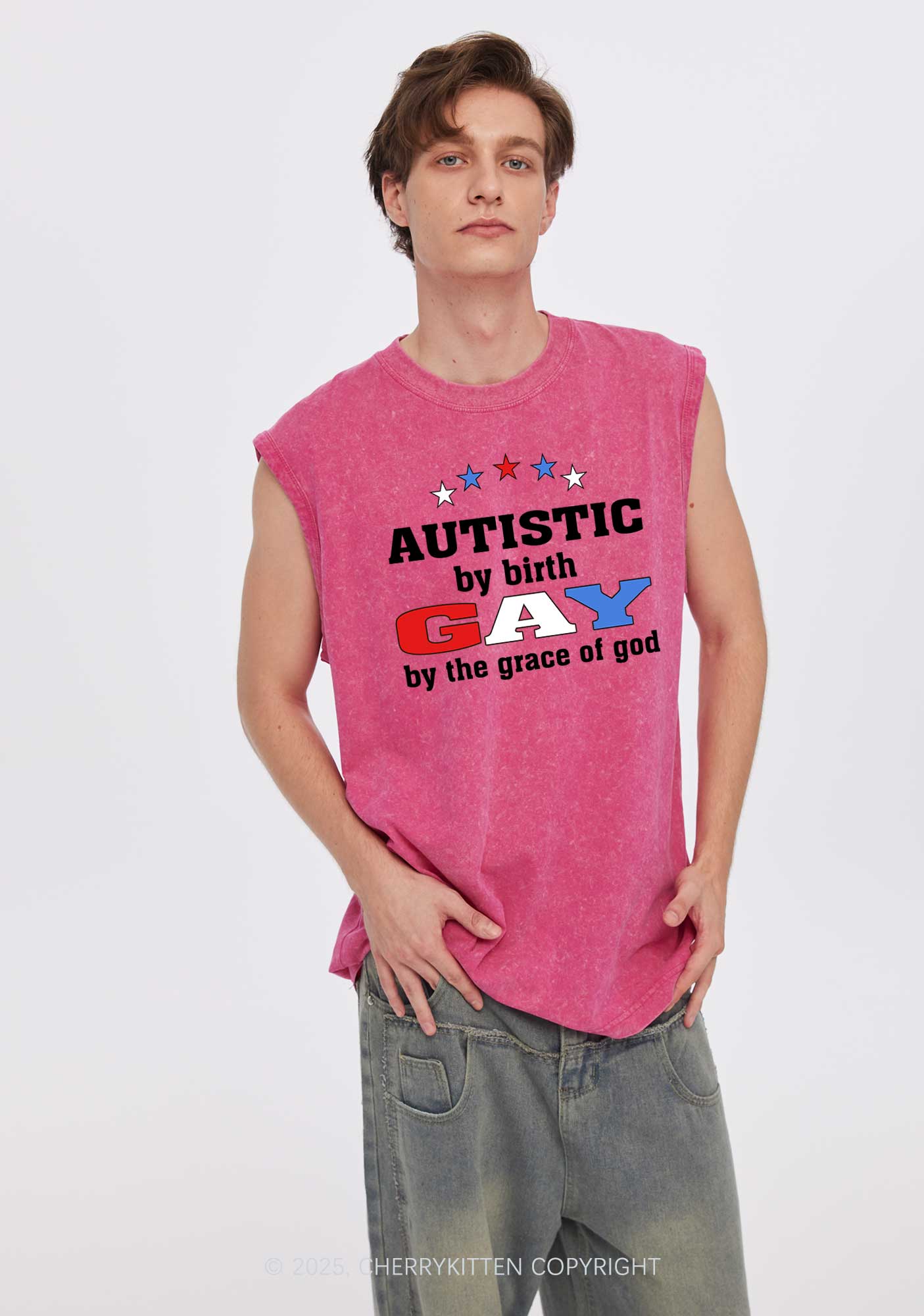 Autistic By Birth Gay Pride Y2K Washed Muscle Tank Cherrykitten - Image 2