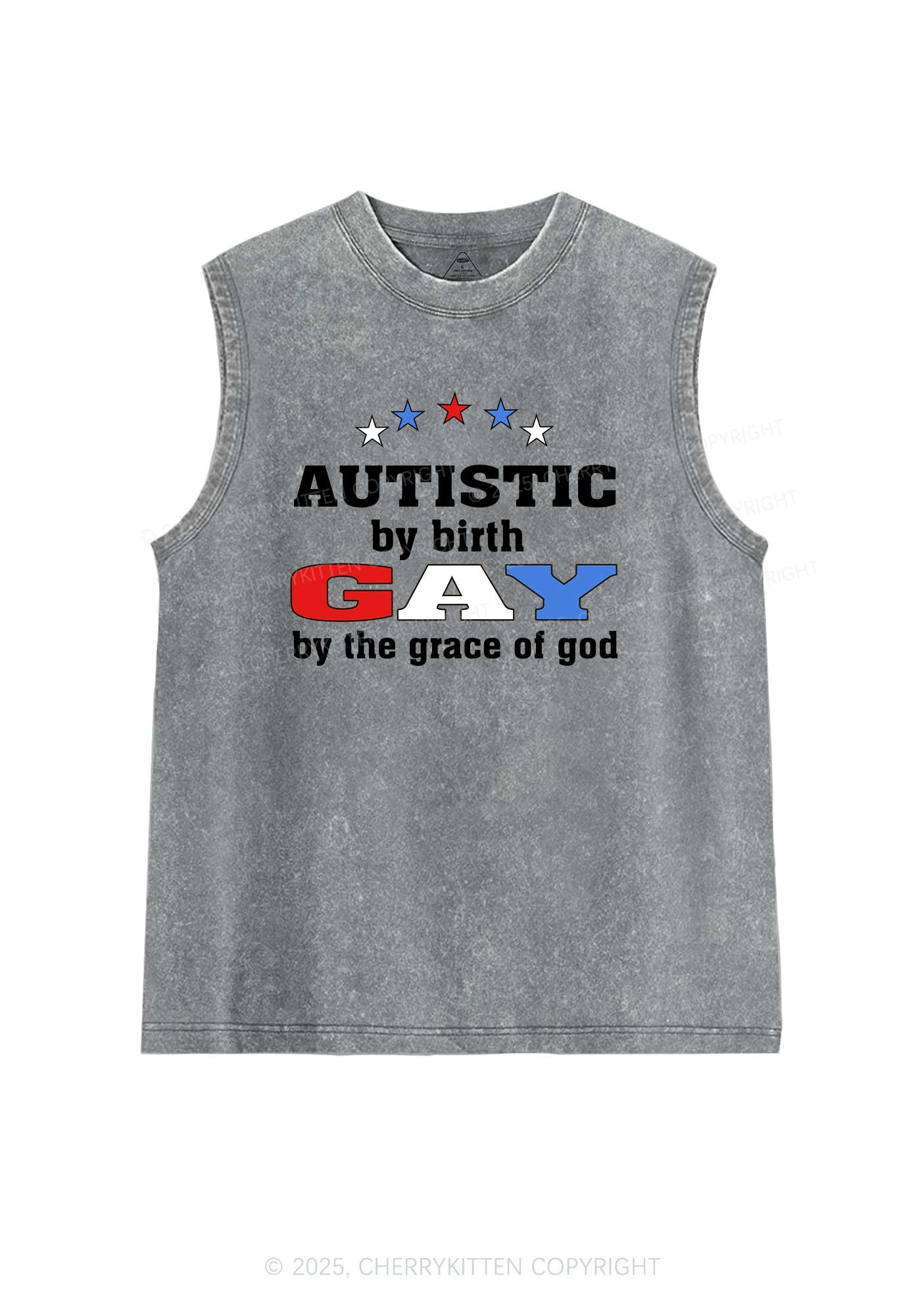 Autistic By Birth Gay Pride Y2K Washed Muscle Tank Cherrykitten - Image 5