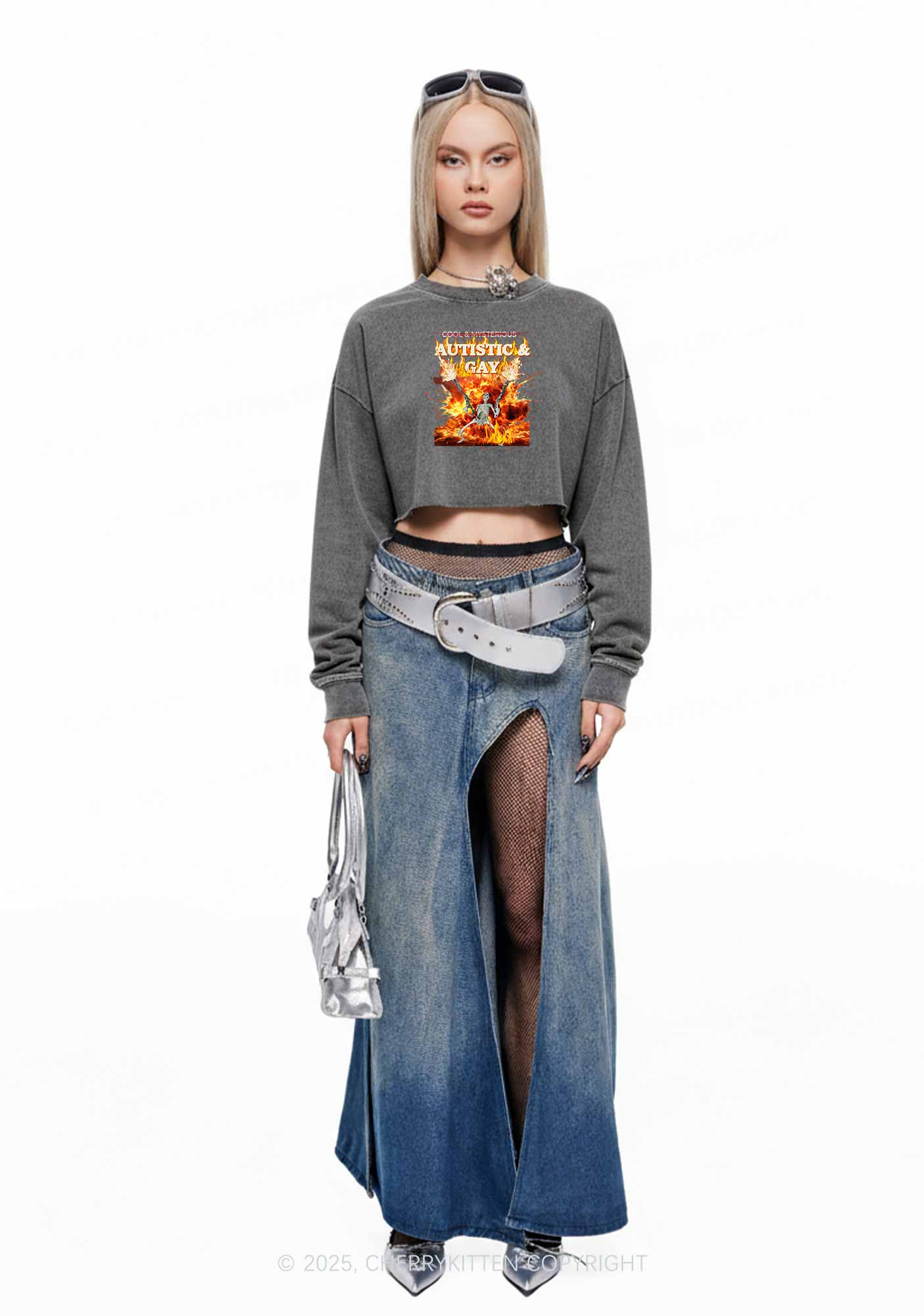 Autistic Gay Skeleton Pride Y2K Crop Washed Sweatshirts Cherrykitten - Image 2