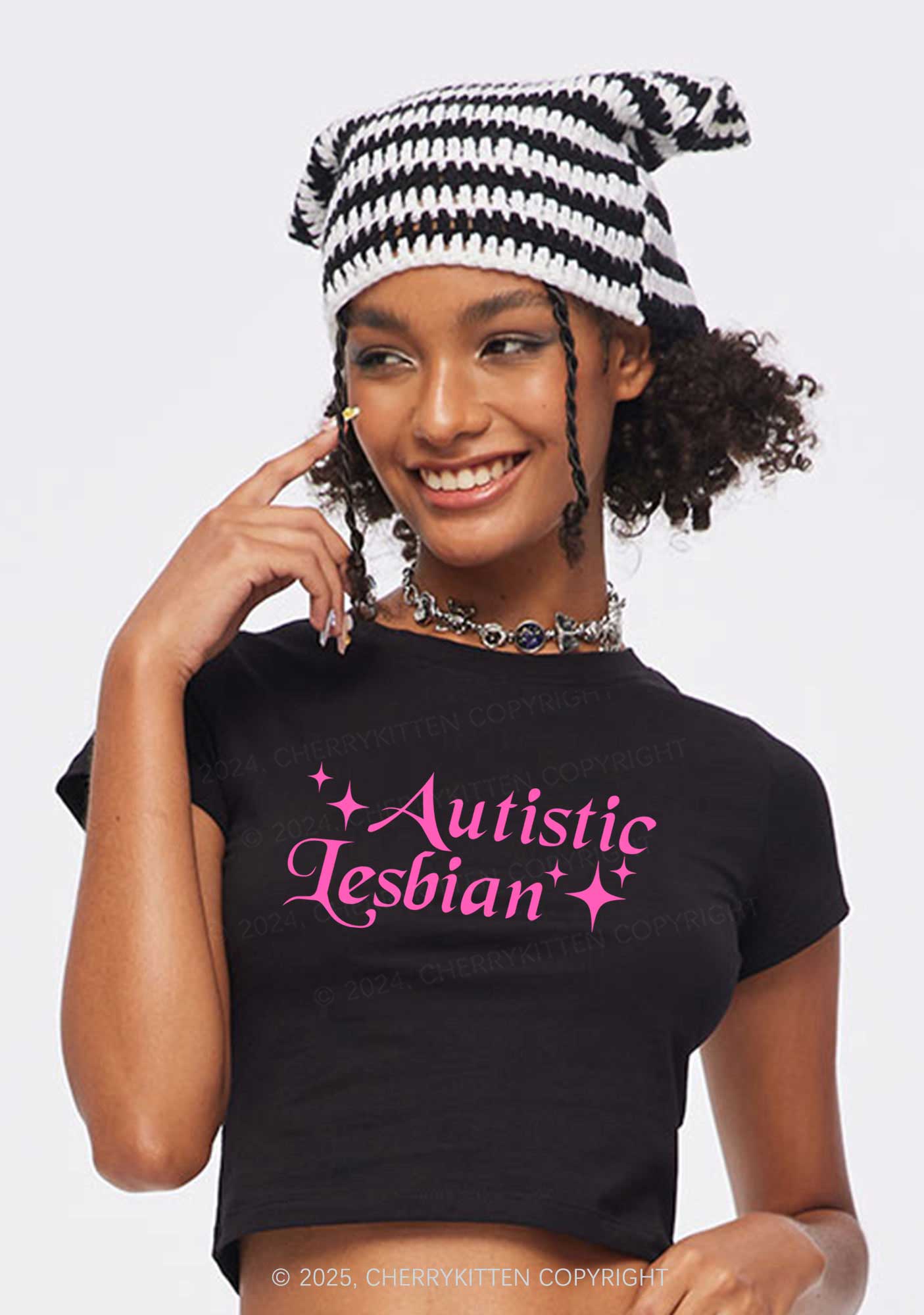 Autistic Lesbian Y2K Baby Tee Cherrykitten - Image 2