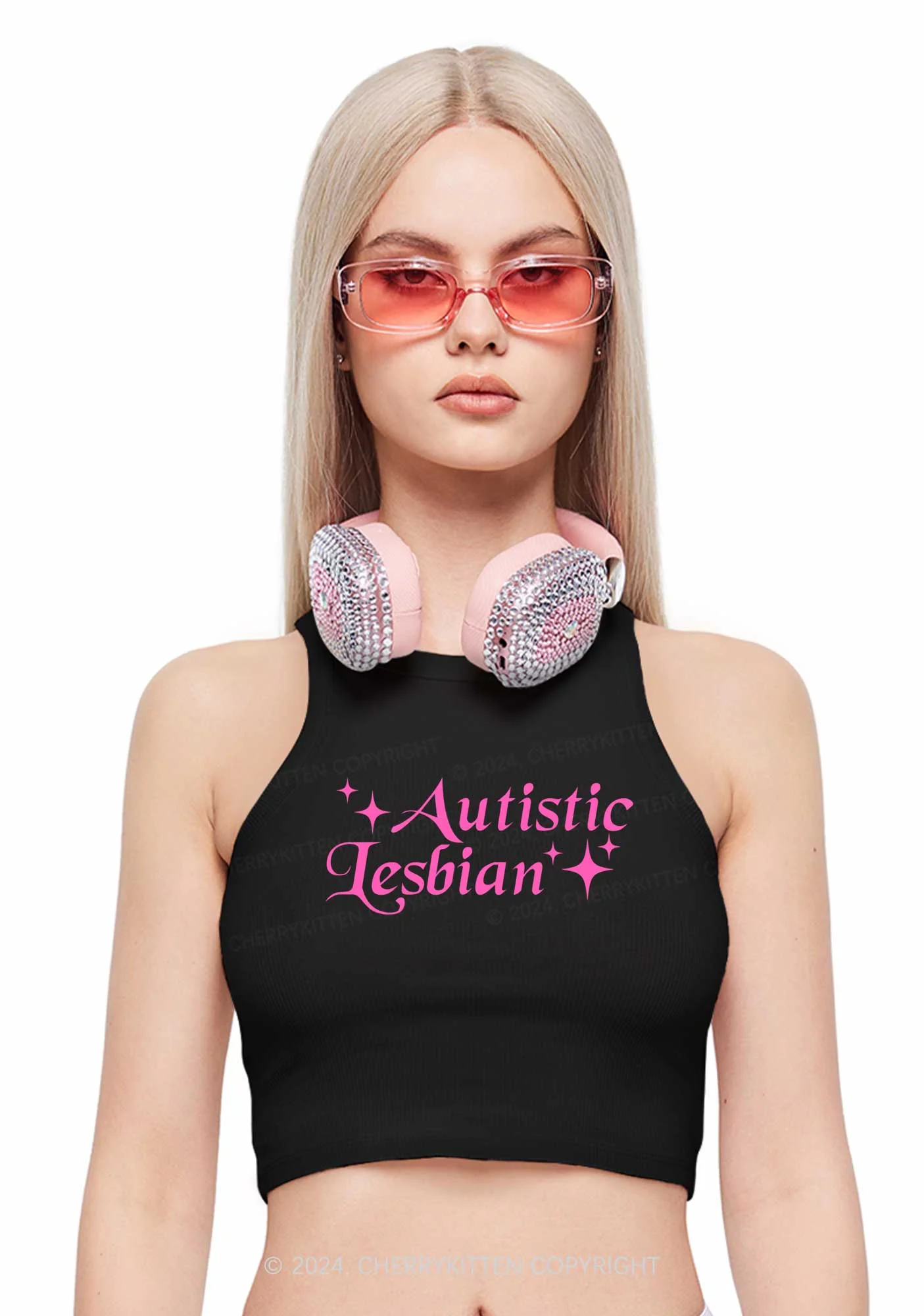 Autistic Lesbian Y2K Crop Tank Top Cherrykitten - Image 2