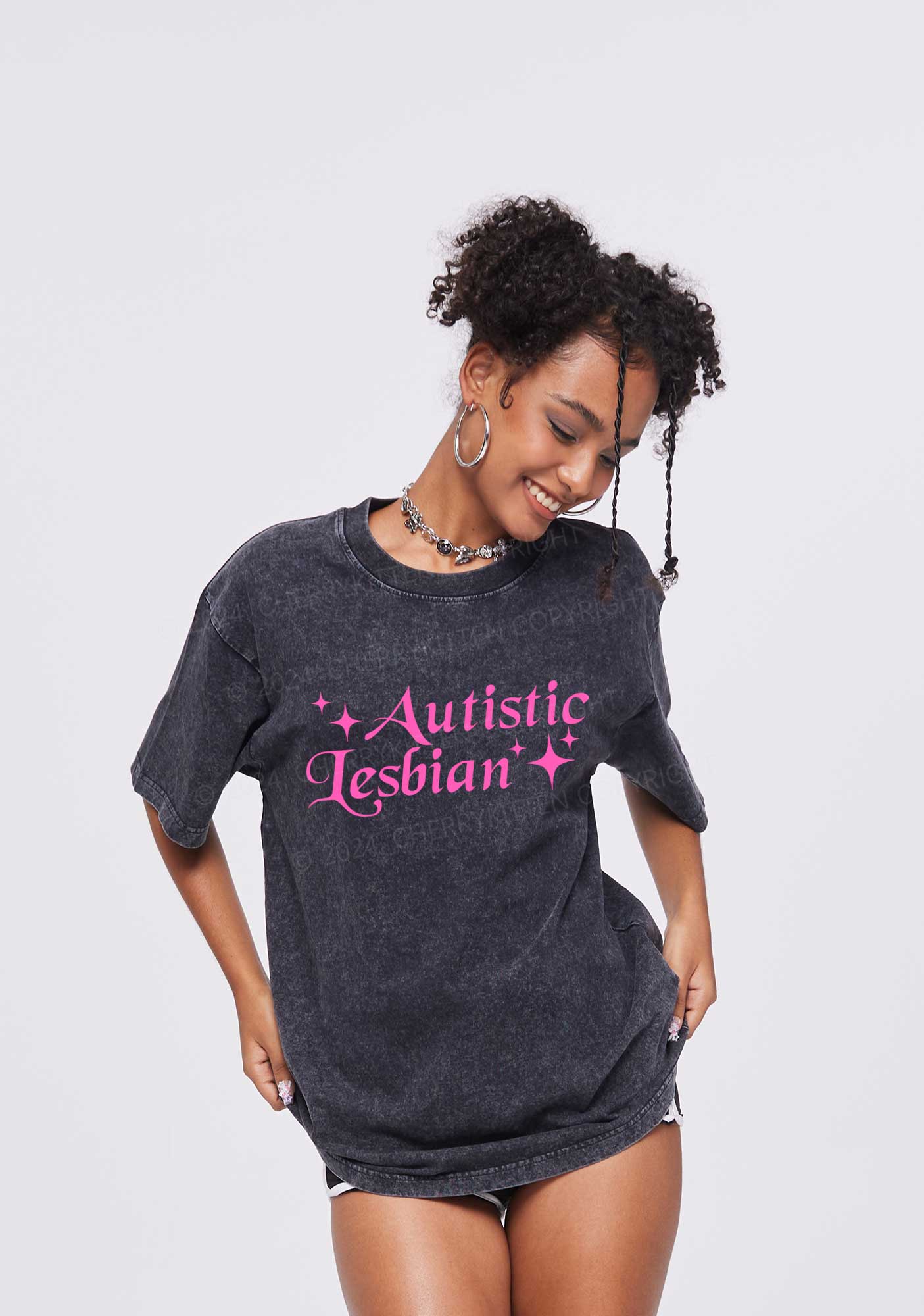 Autistic Lesbian Y2K Shirts Washed Tee Cherrykitten - Image 2