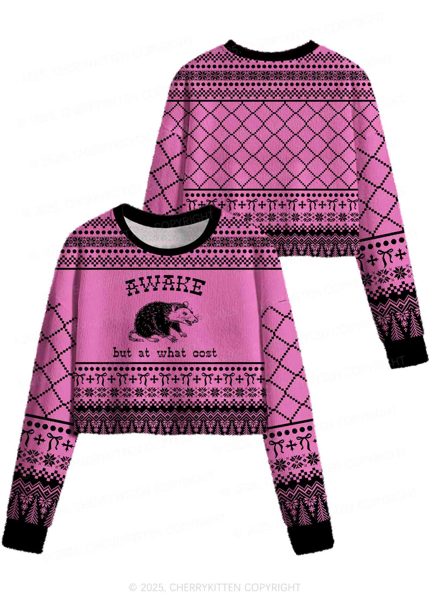 Awake But At What Cost Y2K Christmas Crop Knit Sweatshirt Cherrykitten - Image 3