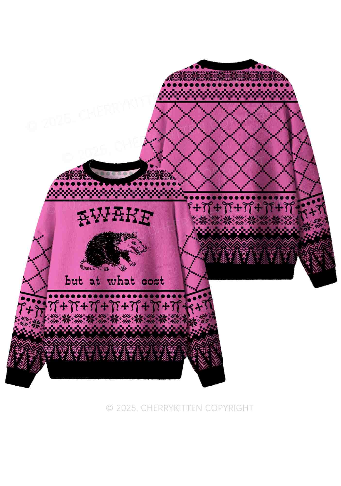 Awake But At What Cost Y2K Christmas Knit Sweatshirt Cherrykitten - Image 3