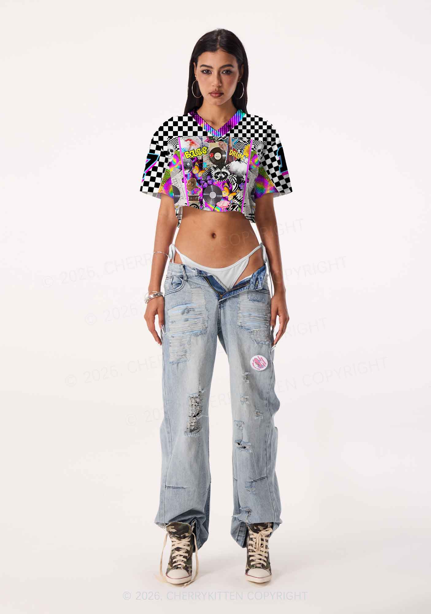 Bass And Drum Collage Y2K Crop Sport Jersey Shirts Cherrykitten - Image 2