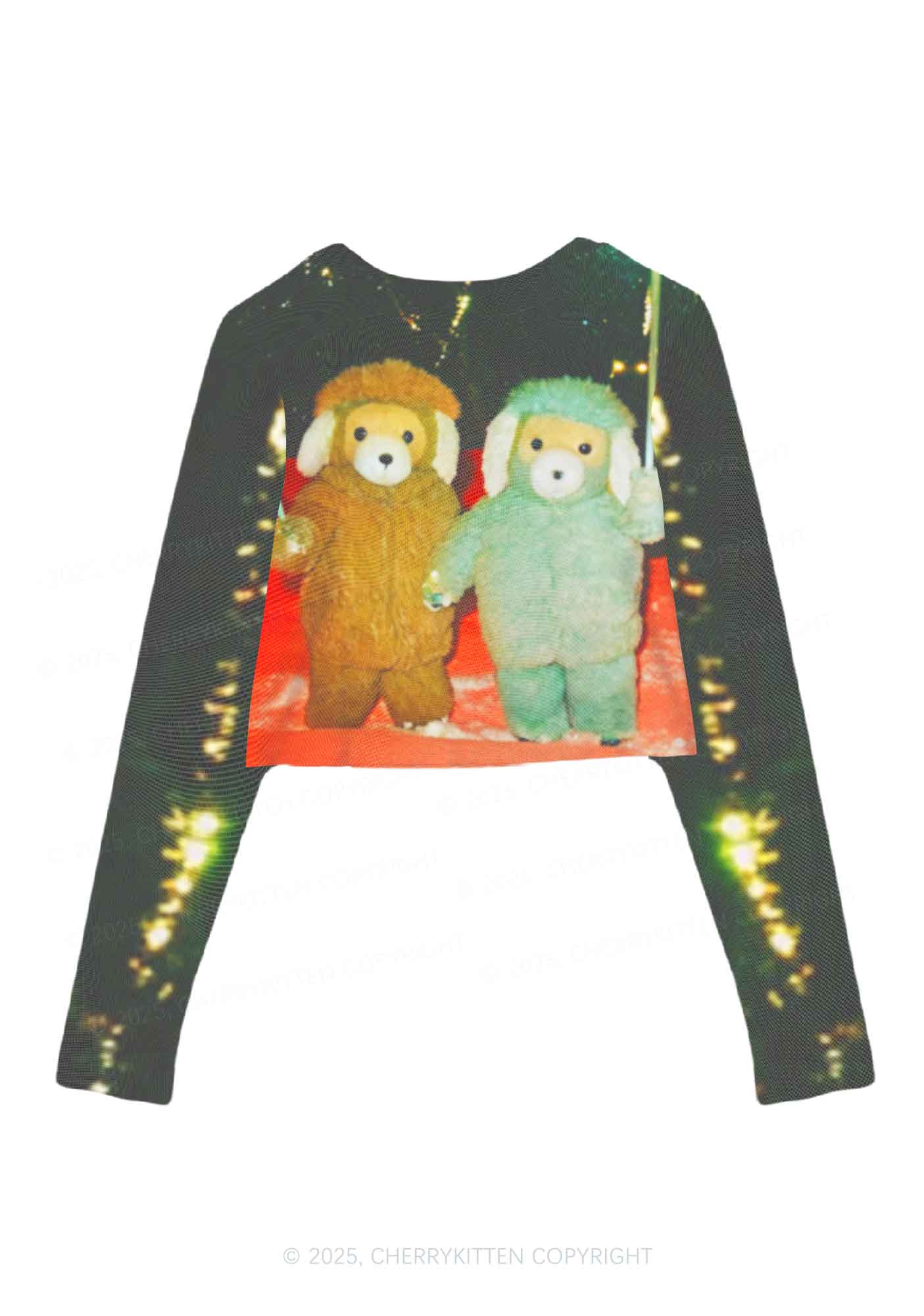 Bear Friends Y2K Mesh Long Sleeve Crop Top Cherrykitten - Image 2