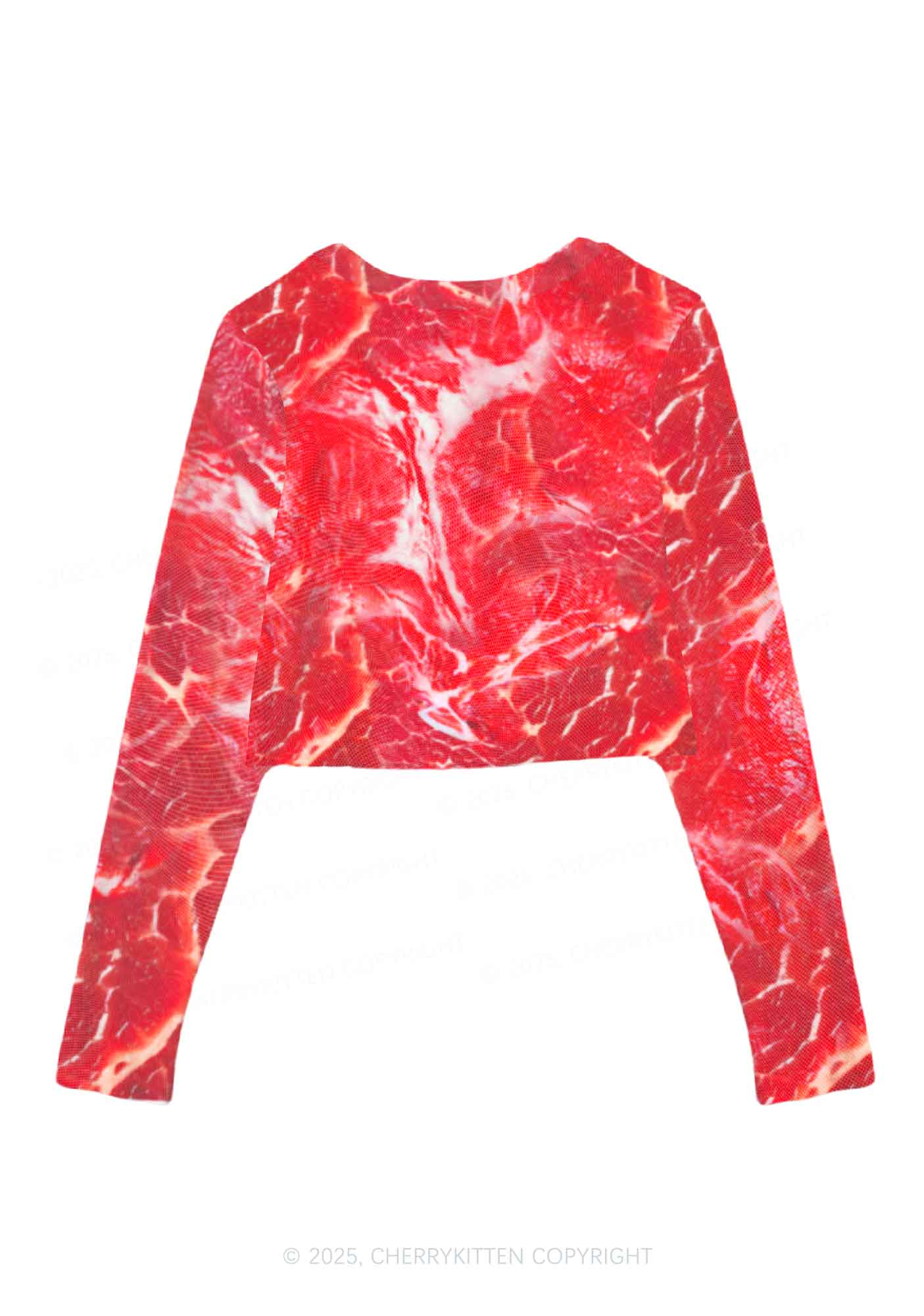 Beef Steak Texture Y2K Mesh Long Sleeve Crop Top Cherrykitten - Image 3