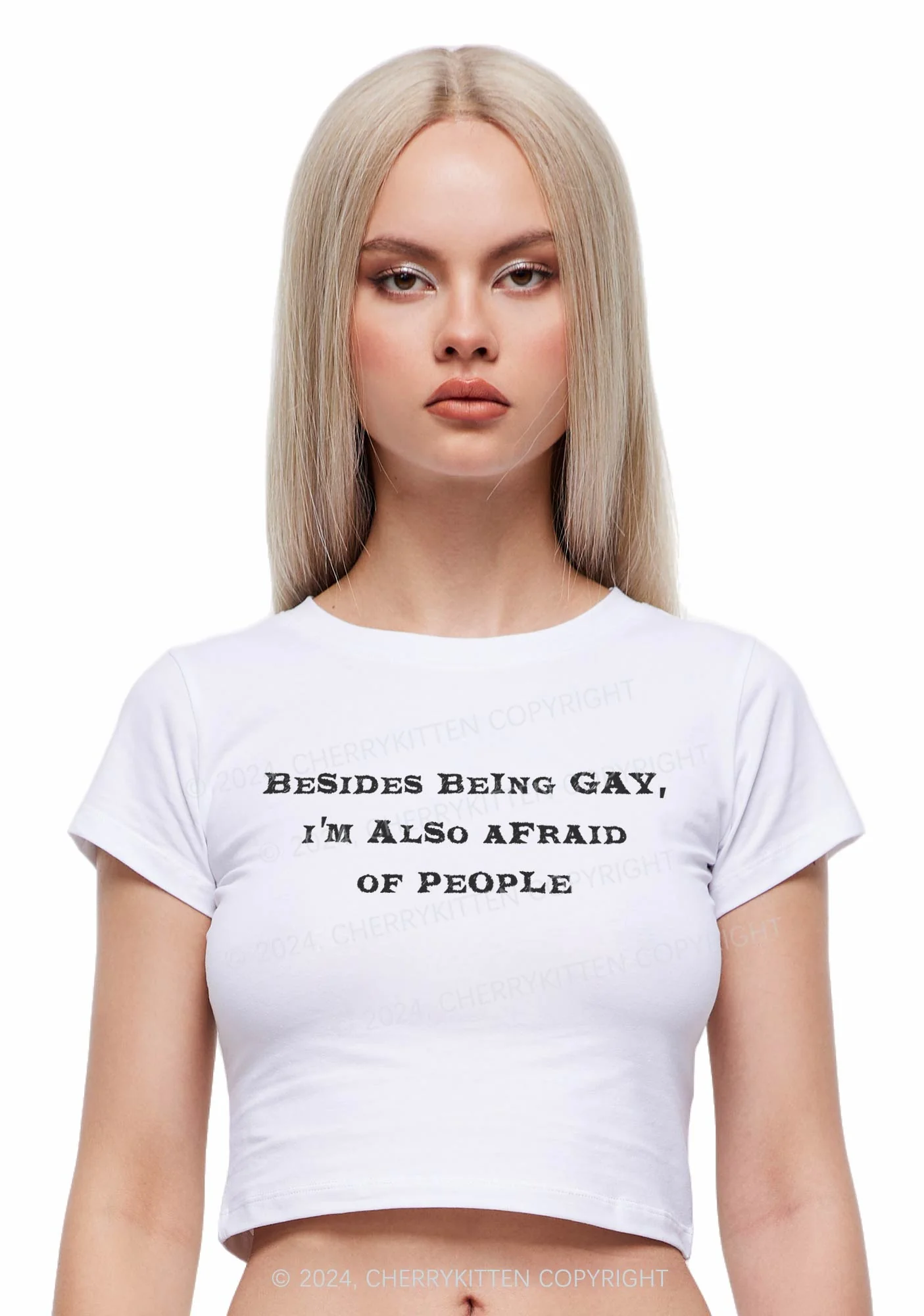Besides Being Gay Y2K Baby Tee Cherrykitten - Image 2
