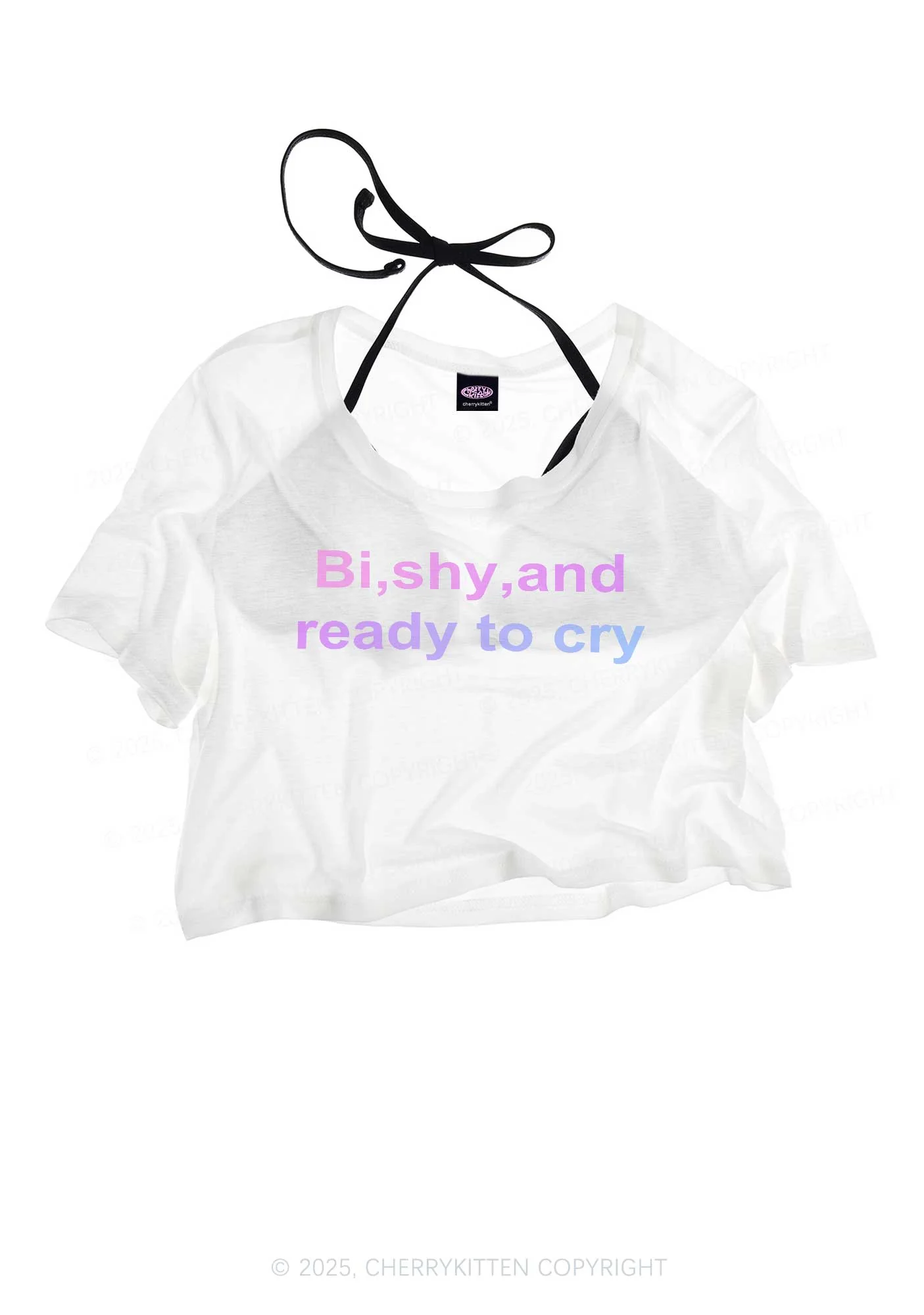 Bi Shy And Ready To Cry Pride Y2K Sheer Crop Tee Cherrykitten - Image 3
