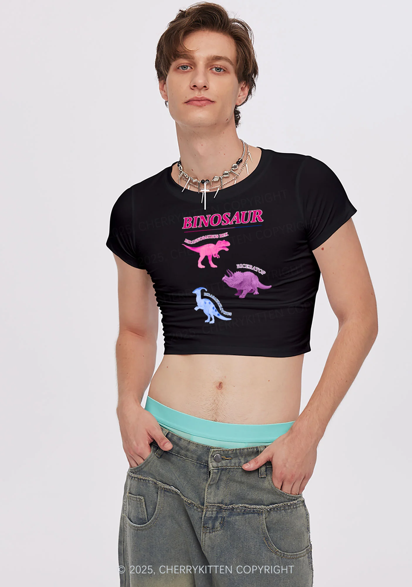 Binosaur Pride Y2K Baby Tee Cherrykitten - Image 3
