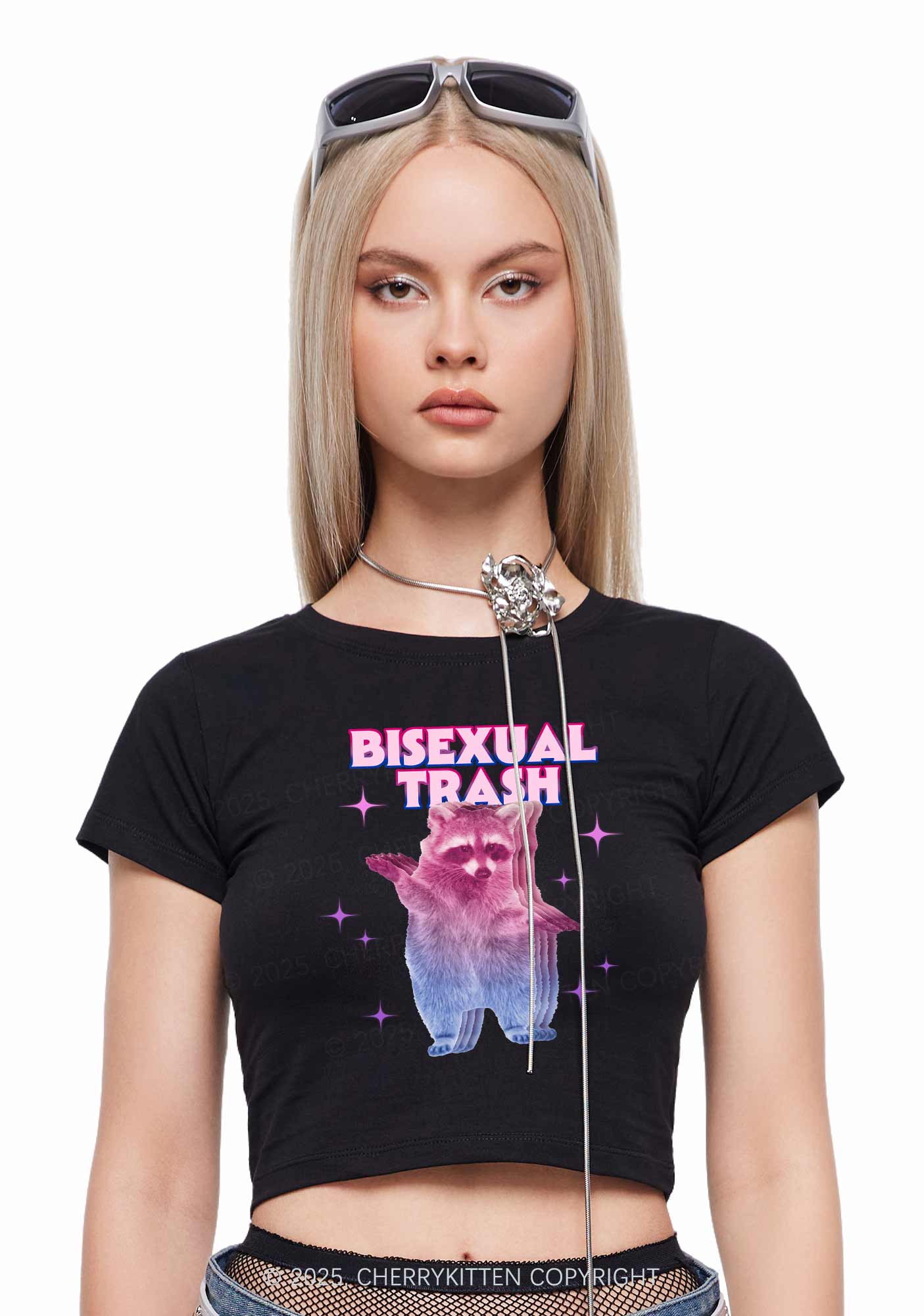 Bisexual Trash Raccoon Pride Y2K Baby Tee Cherrykitten - Image 2