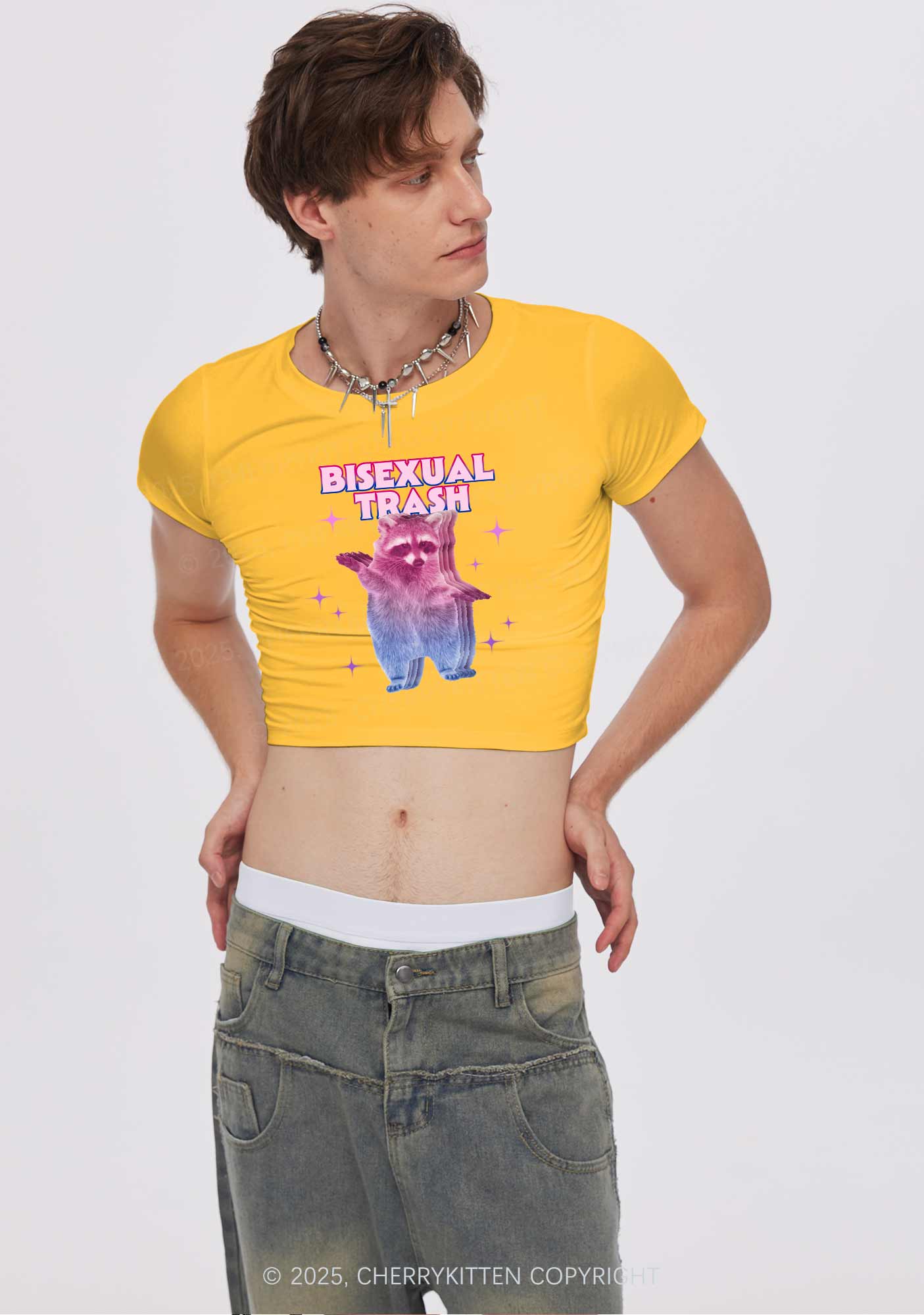 Bisexual Trash Raccoon Pride Y2K Baby Tee Cherrykitten - Image 3
