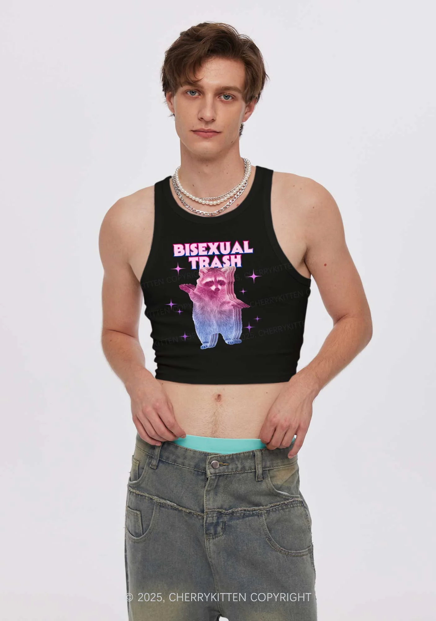 Bisexual Trash Raccoon Pride Y2K Crop Tank Top Cherrykitten - Image 2