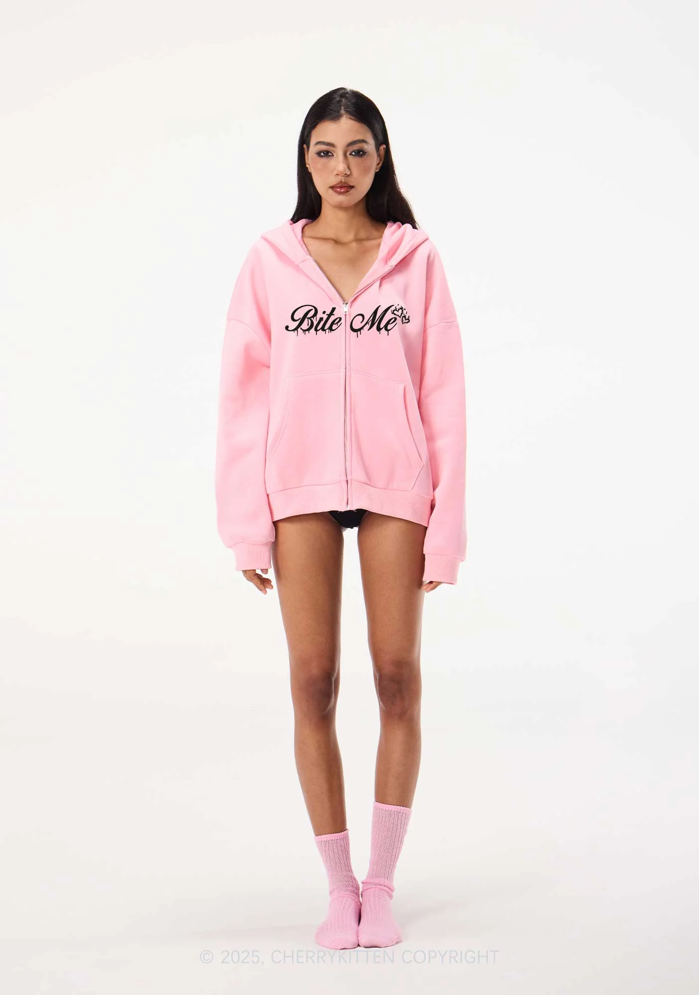 Bite Me Y2K Bunny Ear Zip Hoodie Cherrykitten - Image 2