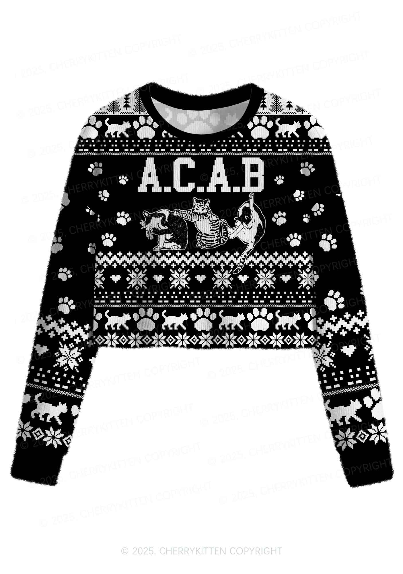 Black ACAB Cats Y2K Christmas Crop Knit Sweatshirt Cherrykitten - Image 2
