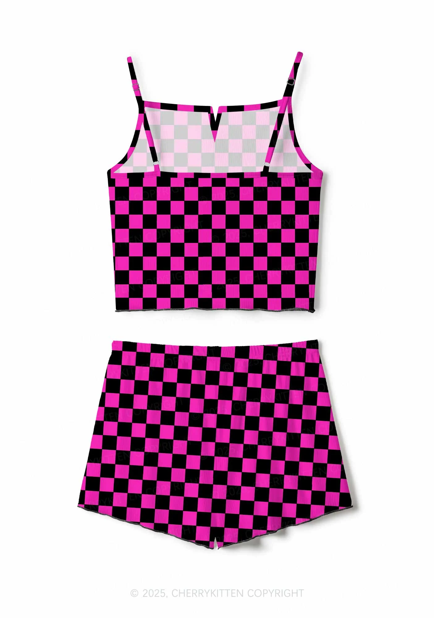 Black And Pink Check Valentine's Day Y2K Print Cami Shorts Pajama Set Cherrykitten - Image 2
