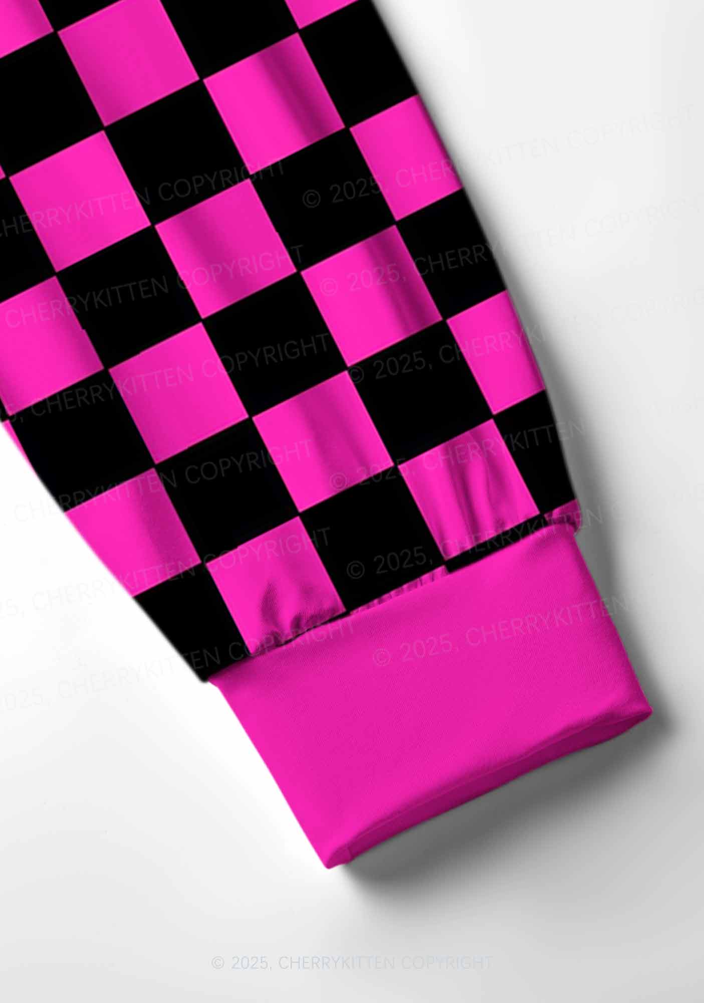 Black And Pink Check Valentine's Day Y2K Print Long Sleeve Pajama Set Cherrykitten - Image 4