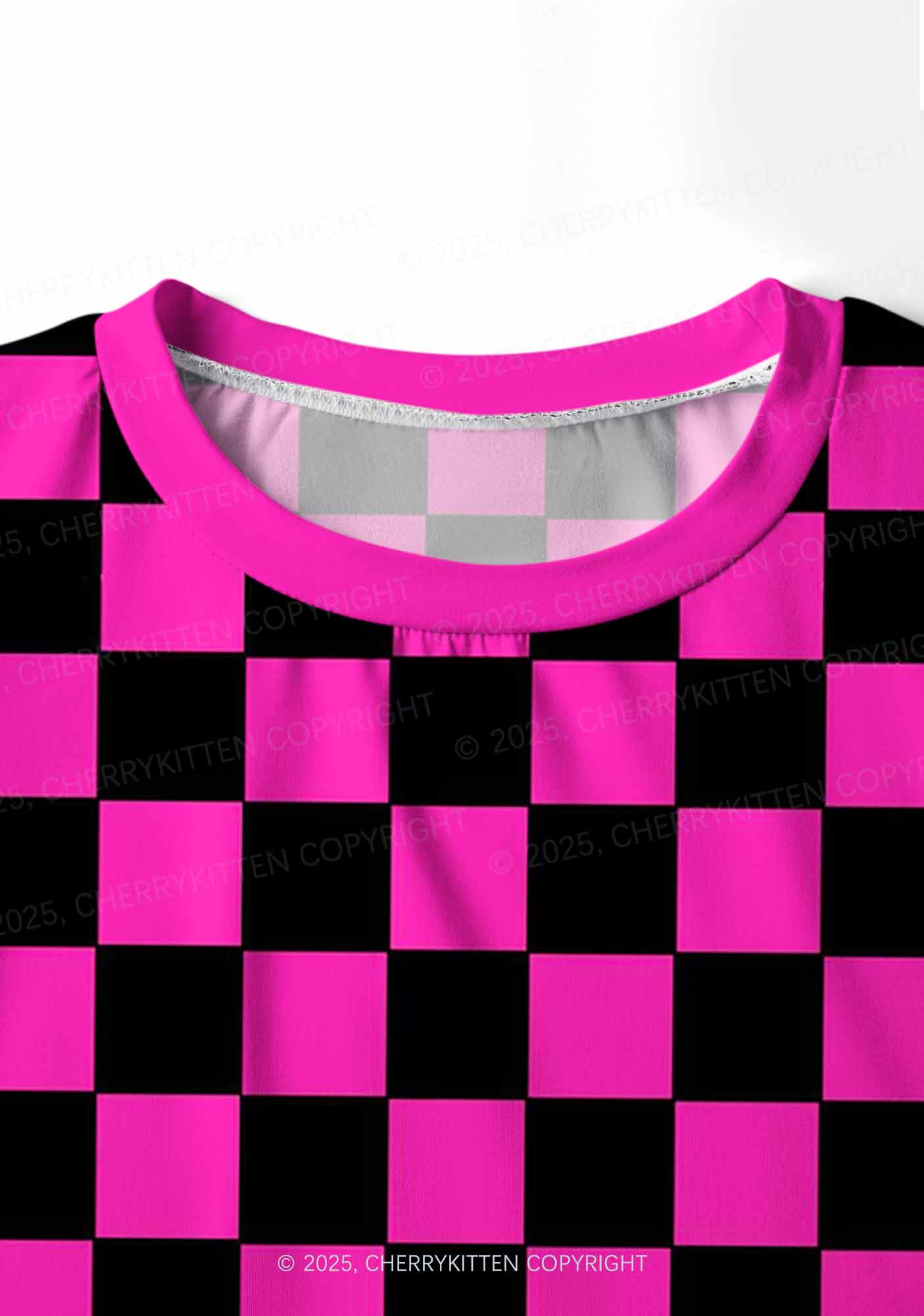 Black And Pink Check Valentine's Day Y2K Print Long Sleeve Pajama Set Cherrykitten - Image 5