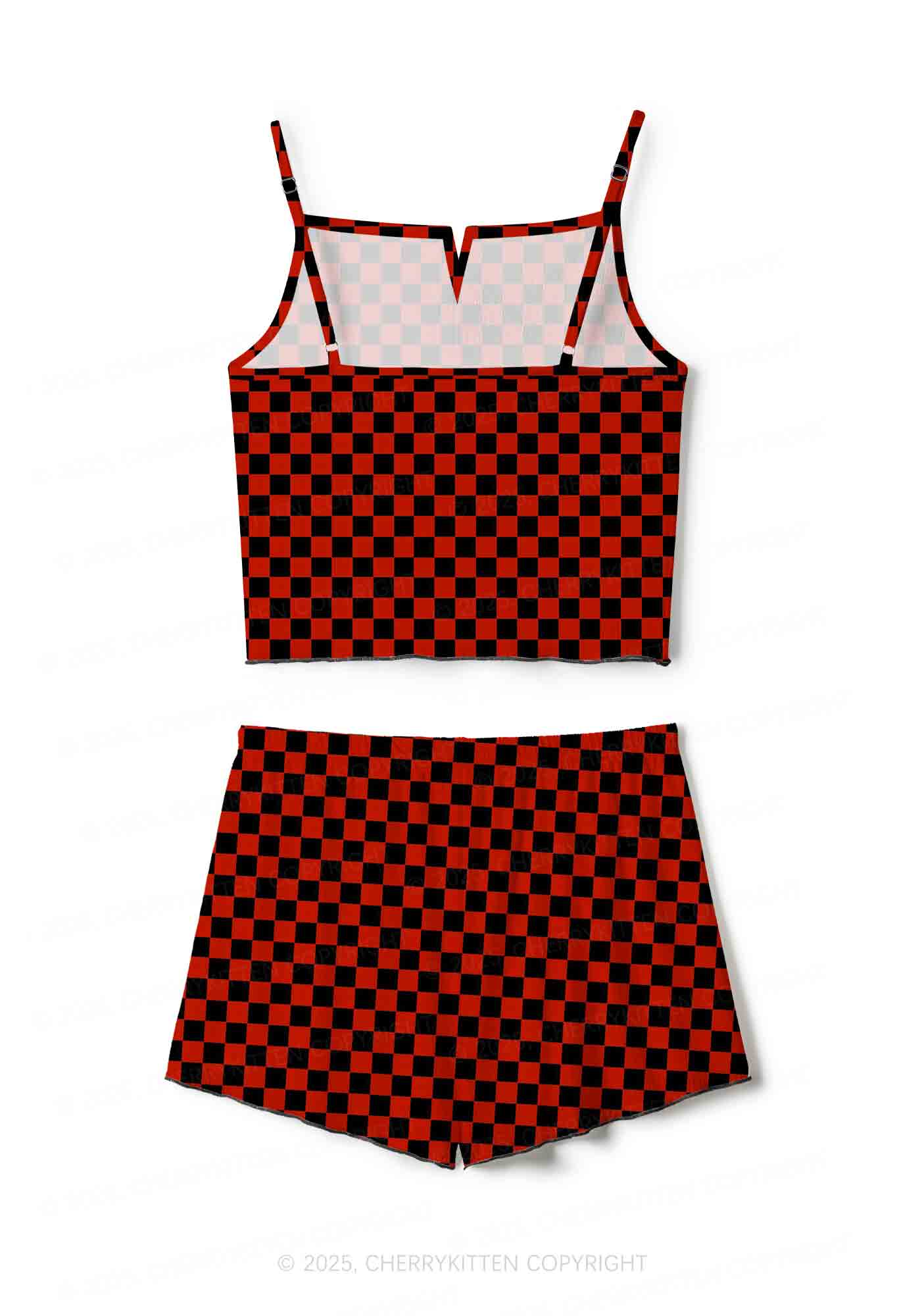 Black And Red Check Valentine's Day Y2K Print Cami Shorts Pajama Set Cherrykitten - Image 2