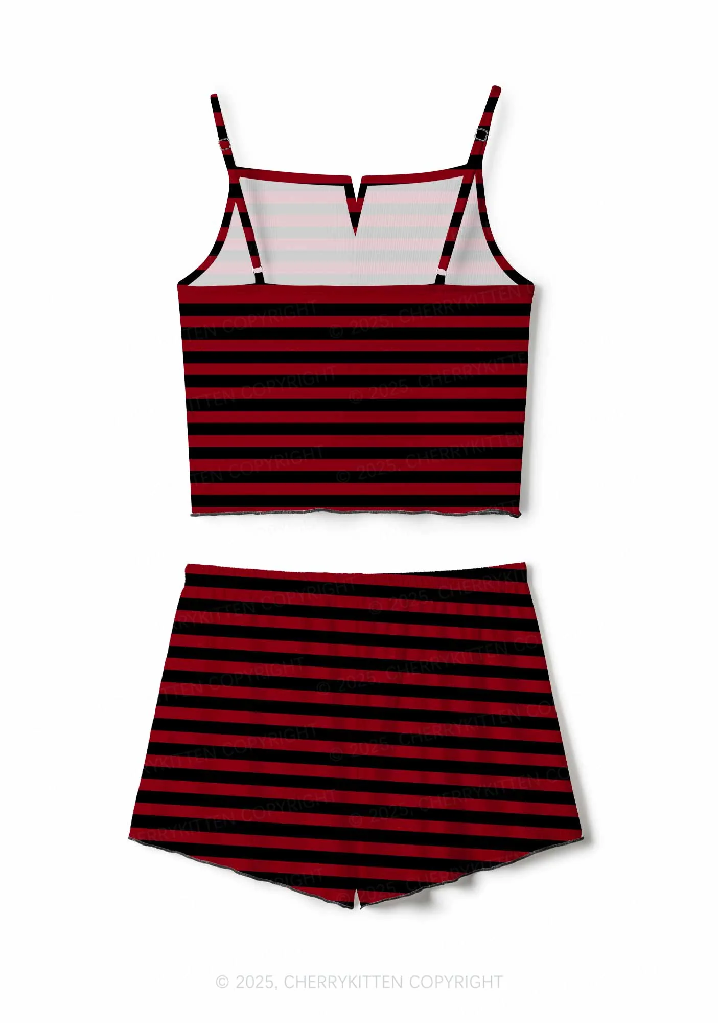 Black And Red Stripe Valentine's Day Y2K Print Cami Shorts Pajama Set Cherrykitten - Image 2