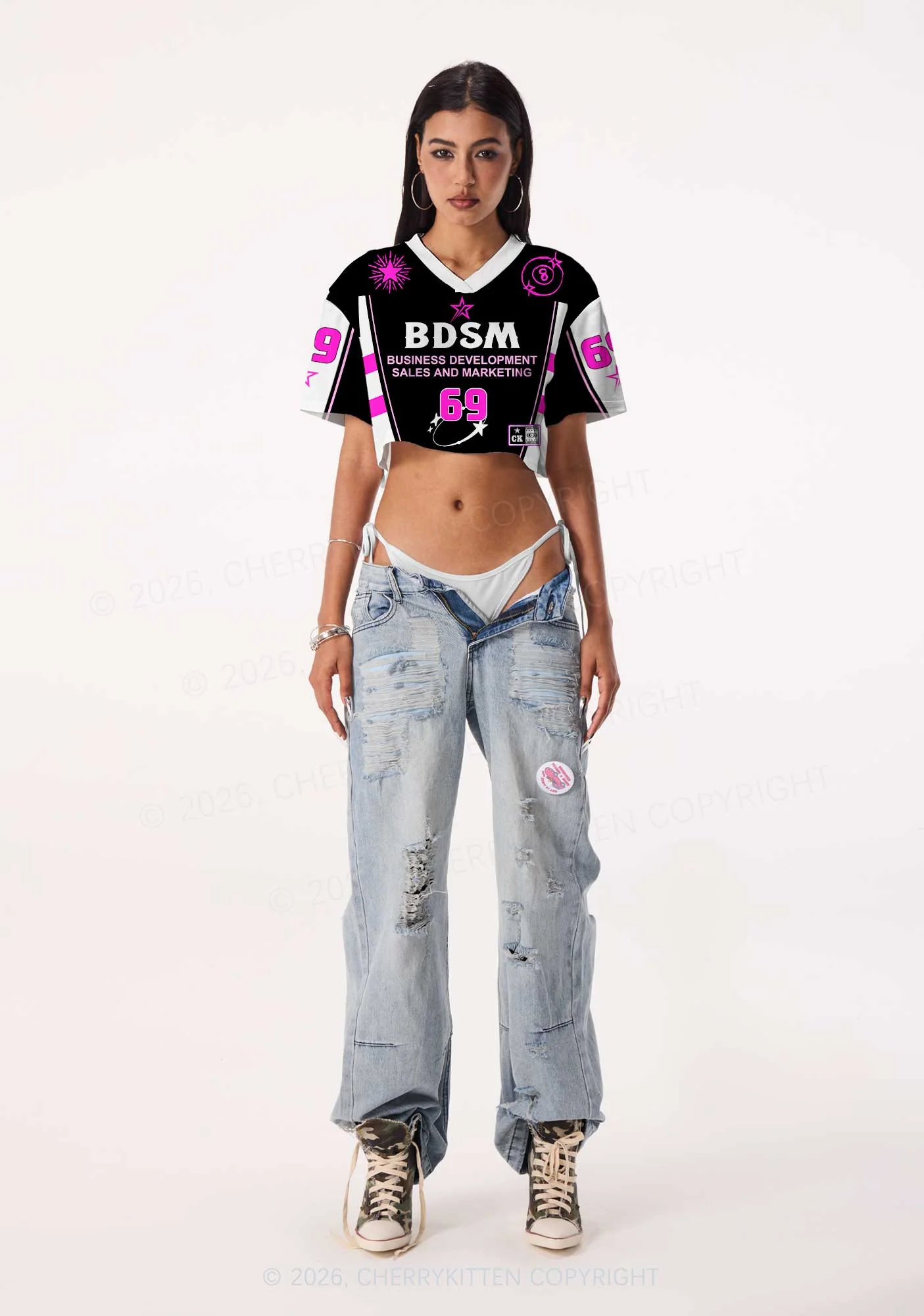 Black BDSM Y2K Crop Sport Jersey Shirts Cherrykitten - Image 2