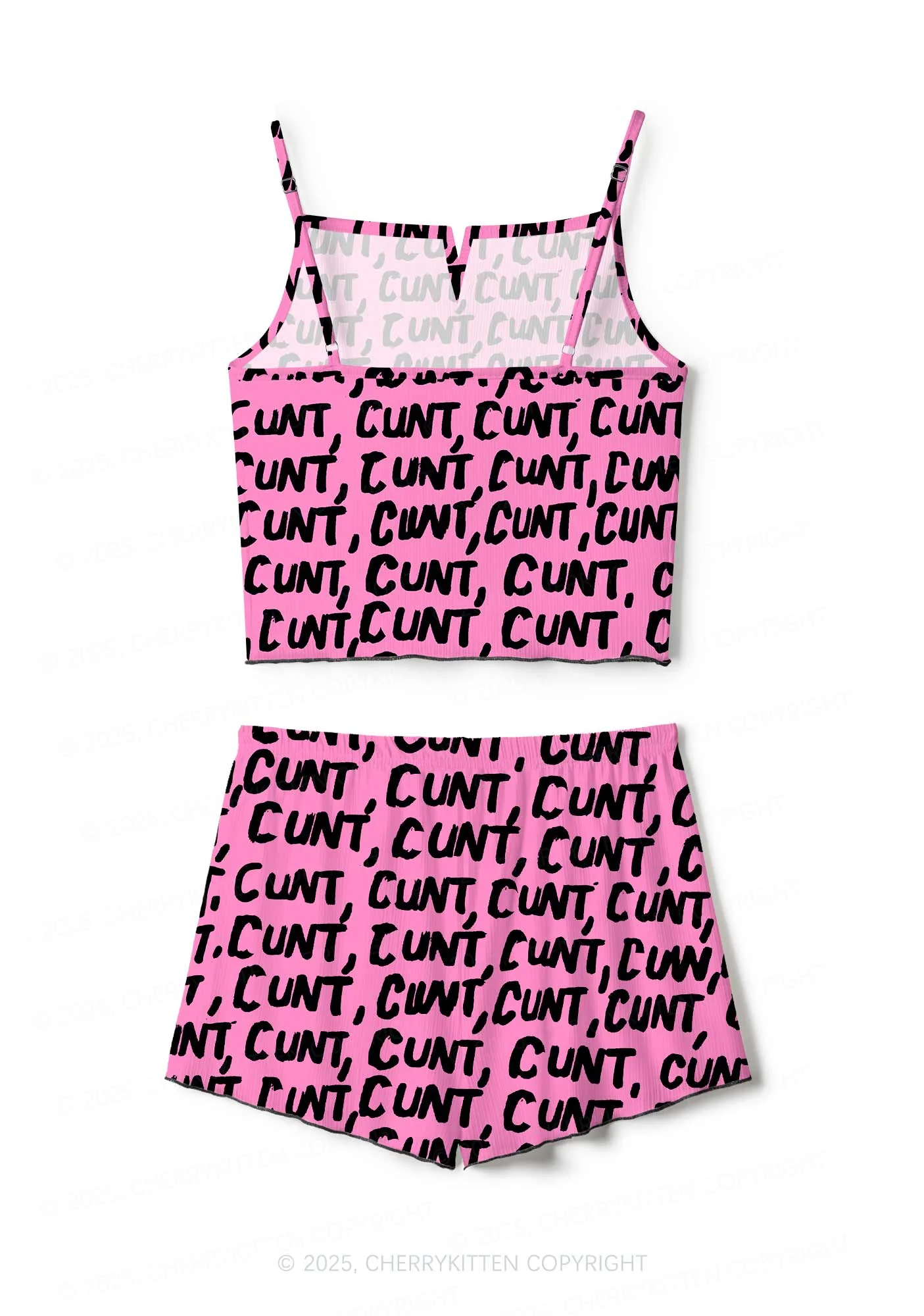Black Cxxt On Pink Valentine's Day Y2K Print Cami Shorts Pajama Set Cherrykitten - Image 3