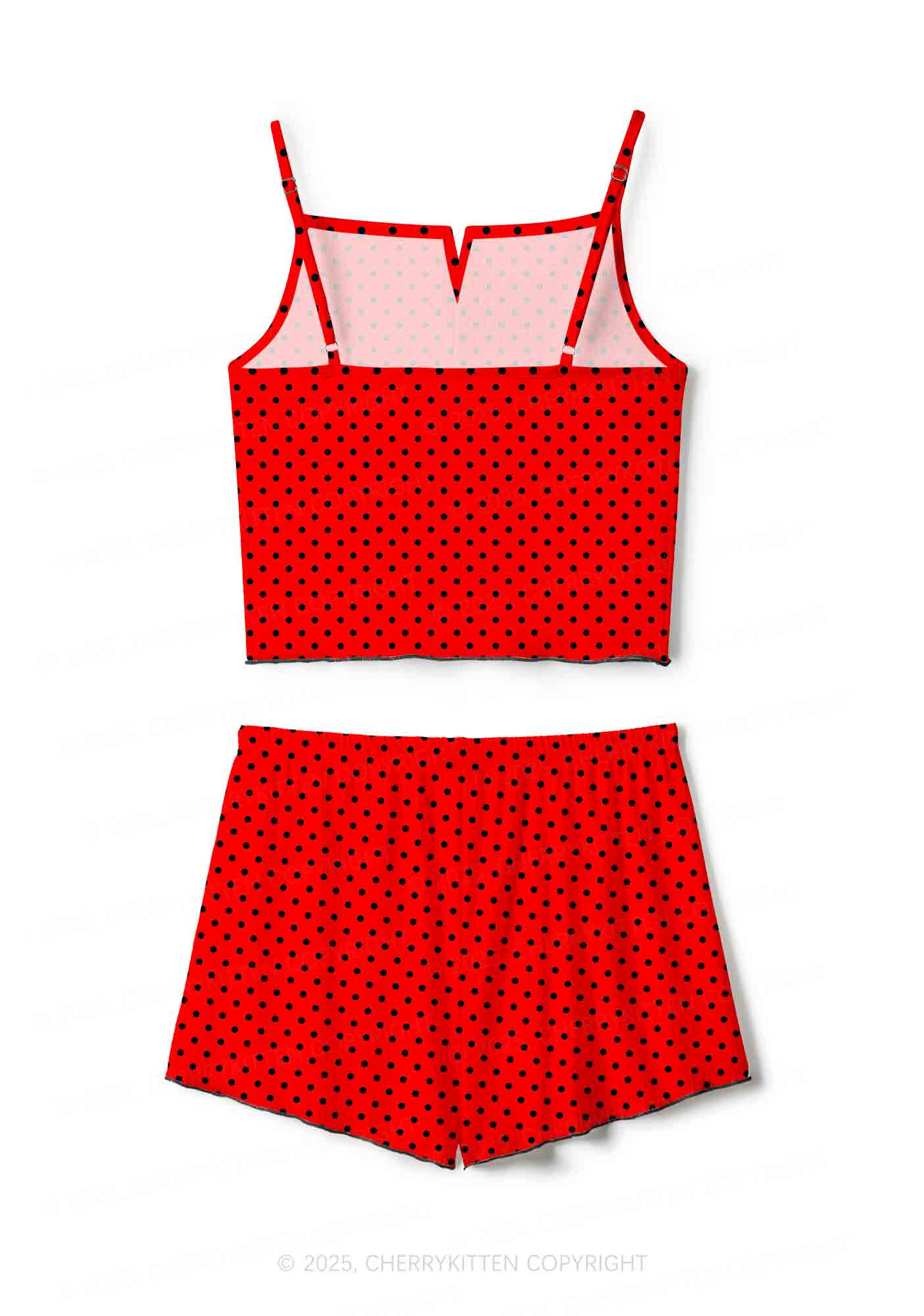 Black Dots On Red Valentine's Day Y2K Print Cami Shorts Pajama Set Cherrykitten - Image 2