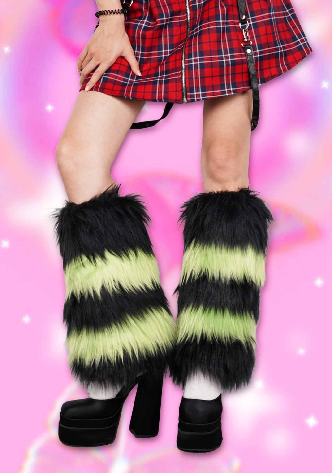 Black Green Faux Fur Y2K Leg Warmers Cherrykitten - Image 2