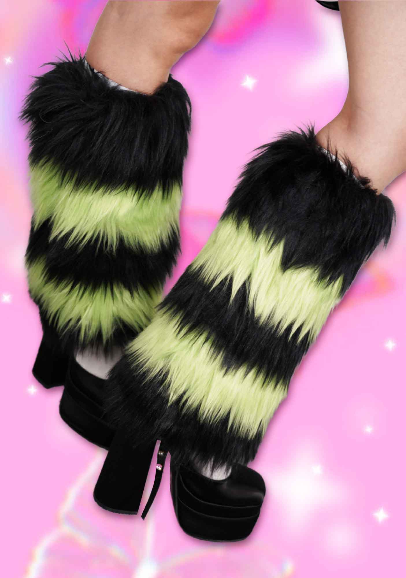 Black Green Faux Fur Y2K Leg Warmers Cherrykitten - Image 4