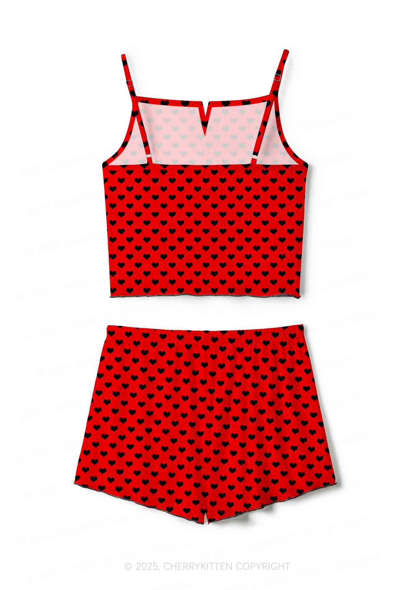 Black Heart On Red Valentine's Day Y2K Print Cami Shorts Pajama Set Cherrykitten - Image 2