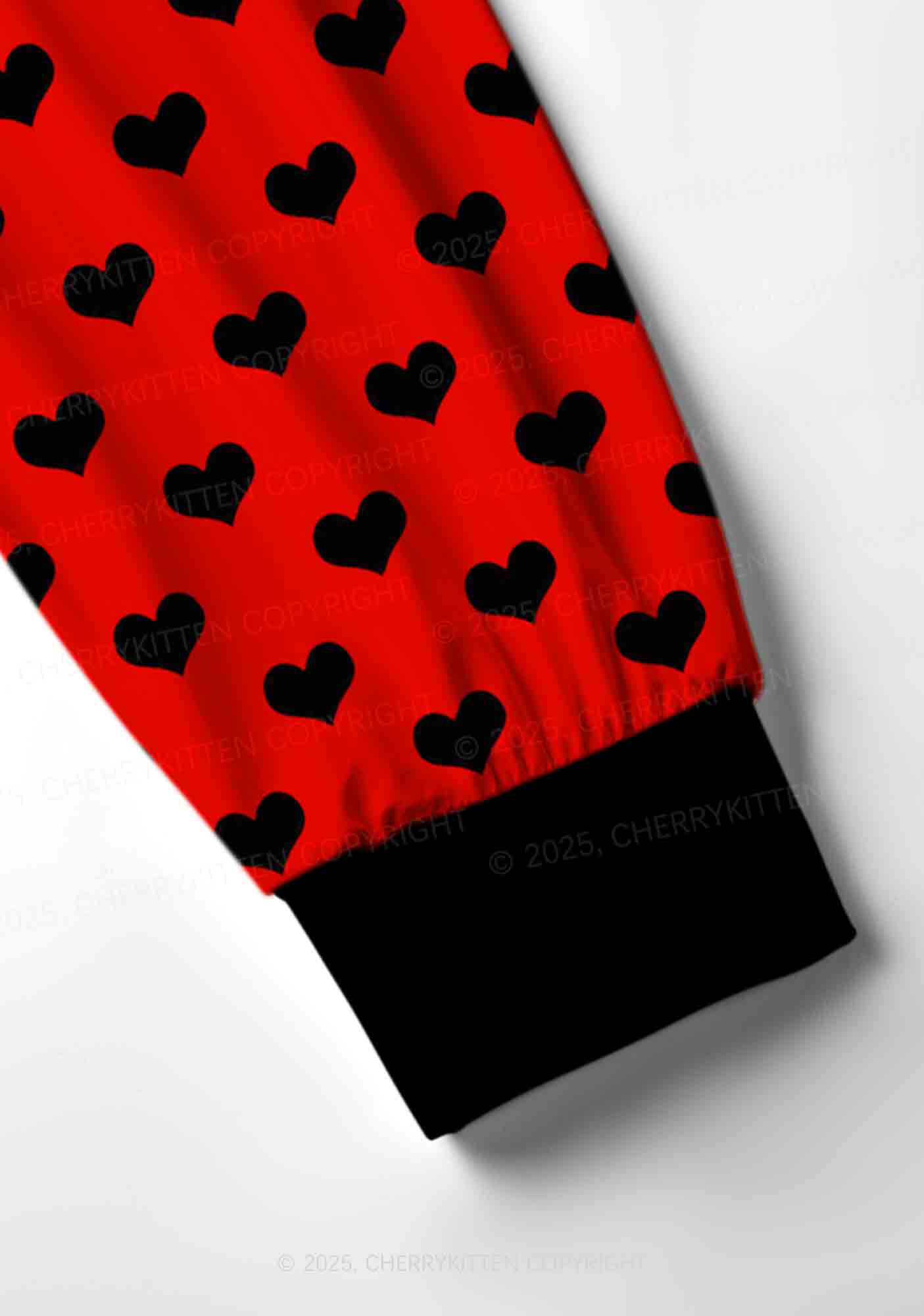 Black Heart On Red Valentine's Day Y2K Print Long Sleeve Pajama Set Cherrykitten - Image 4