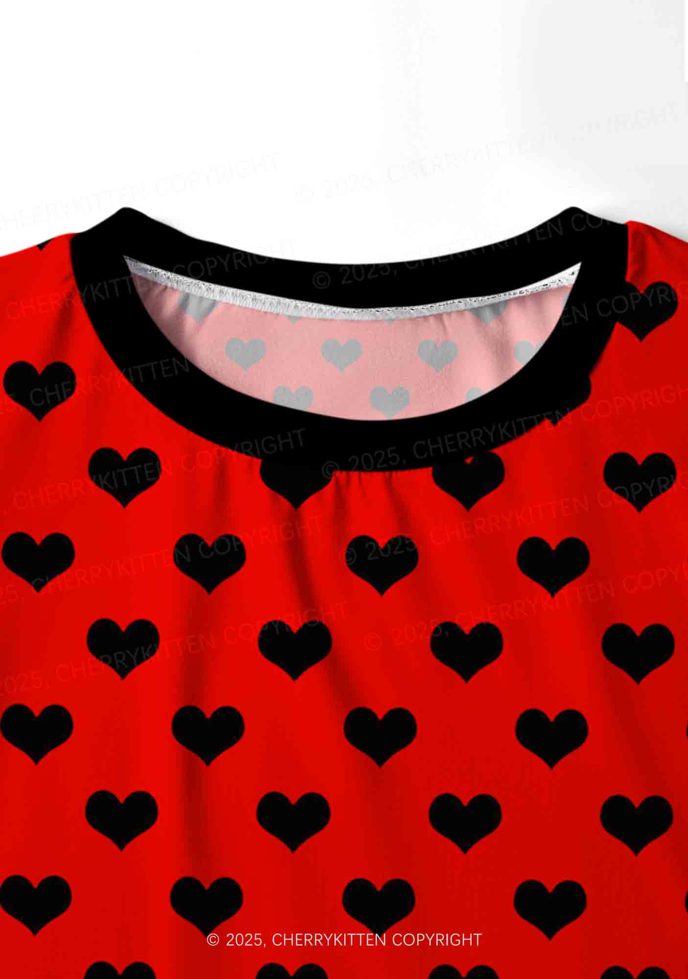 Black Heart On Red Valentine's Day Y2K Print Long Sleeve Pajama Set Cherrykitten - Image 5
