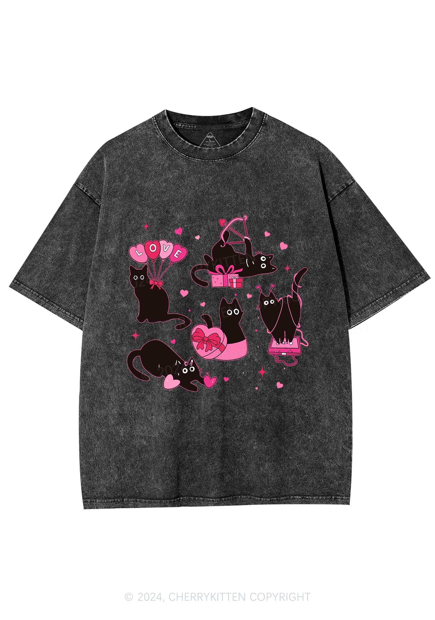 Black Kitten Y2K Valentine's Day Washed Tee Cherrykitten - Image 3
