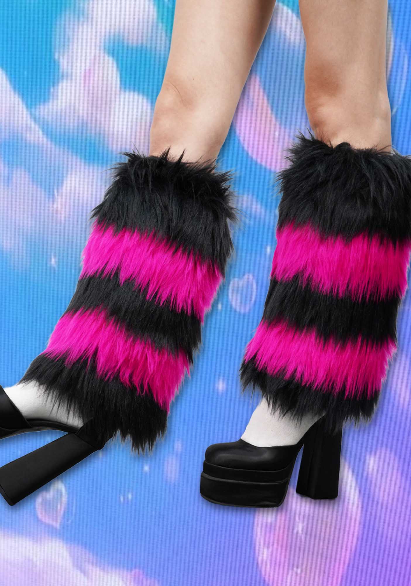 Black Pink Faux Fur Y2K Leg Warmers Cherrykitten - Image 2