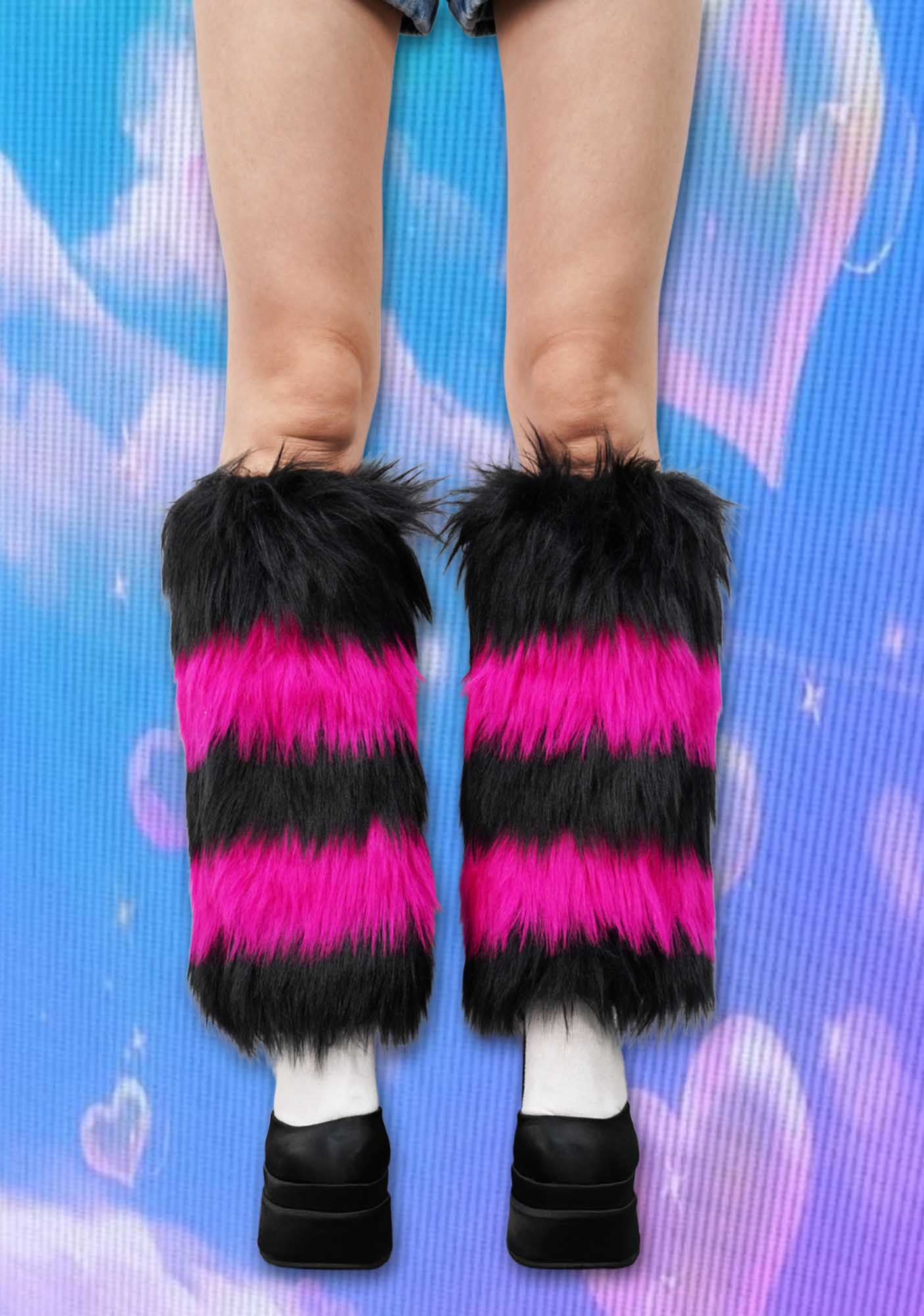 Black Pink Faux Fur Y2K Leg Warmers Cherrykitten - Image 3