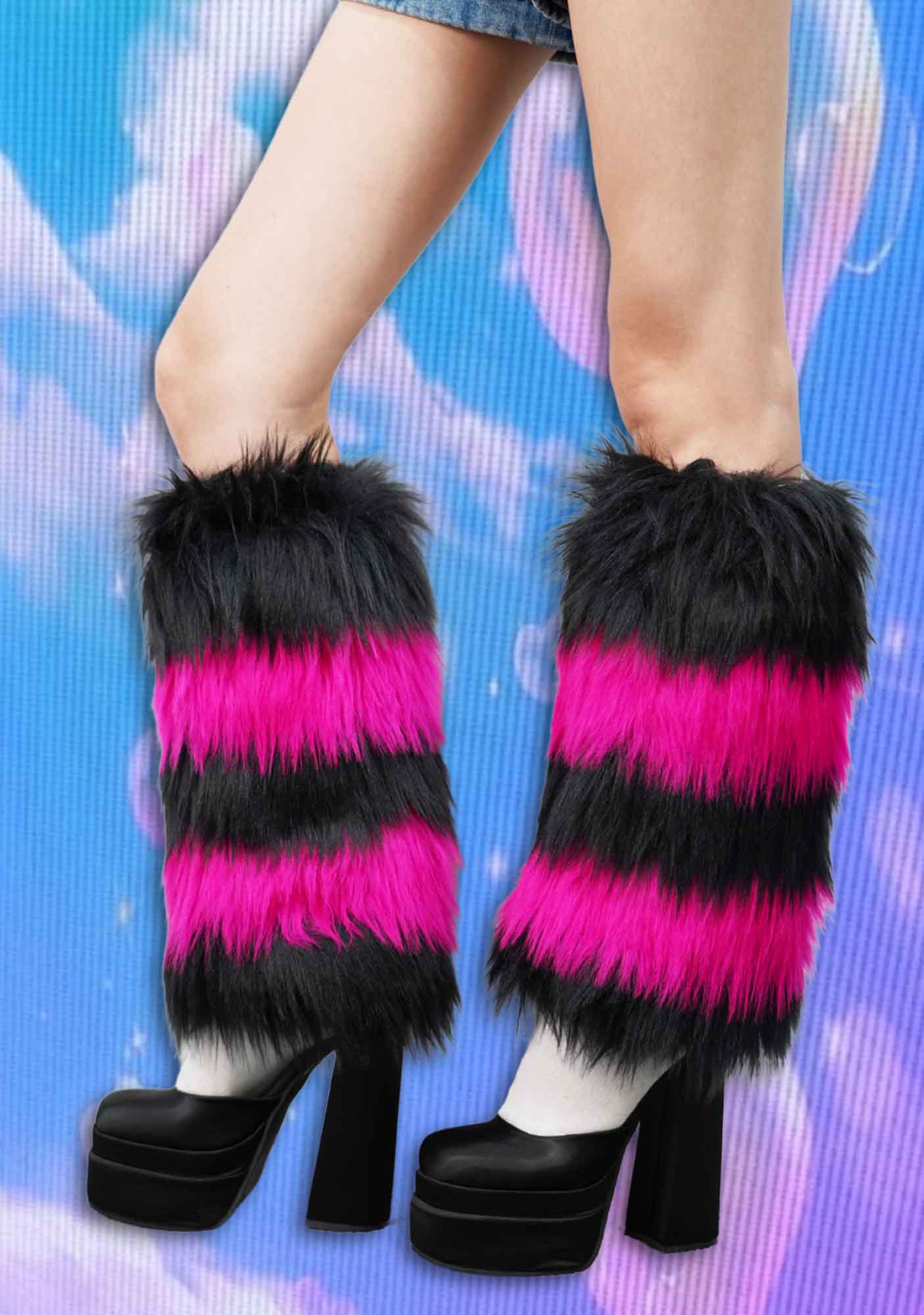 Black Pink Faux Fur Y2K Leg Warmers Cherrykitten - Image 4