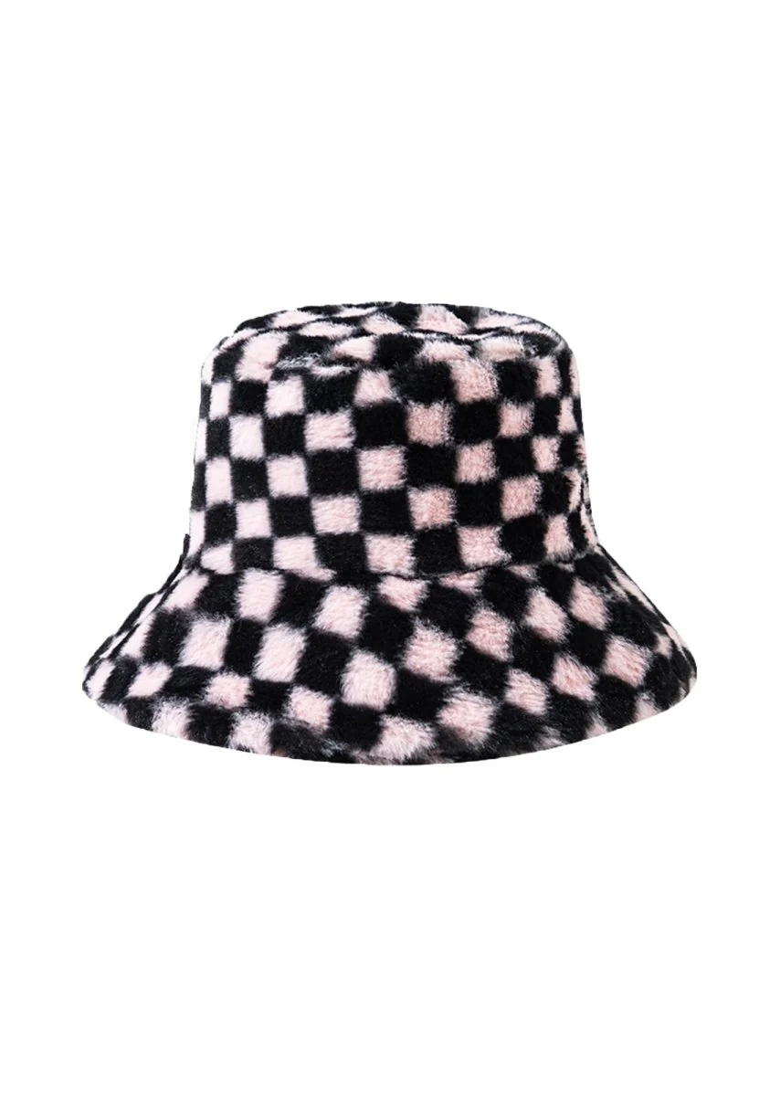 Black Plaid Faux Wool Plush Bucket Hat - Image 2