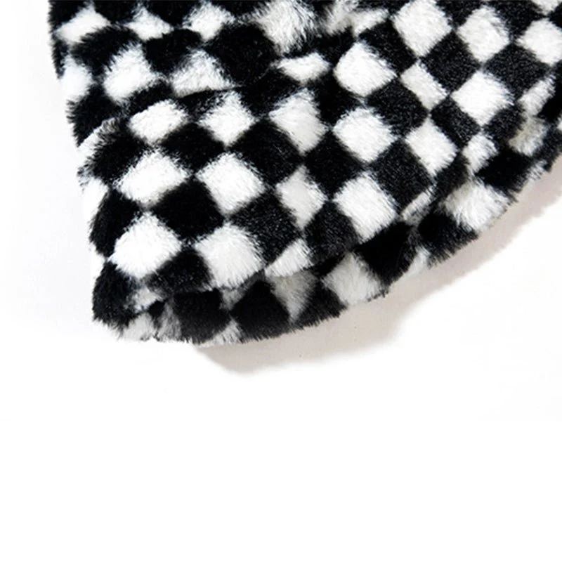 Black Plaid Faux Wool Plush Bucket Hat - Image 3