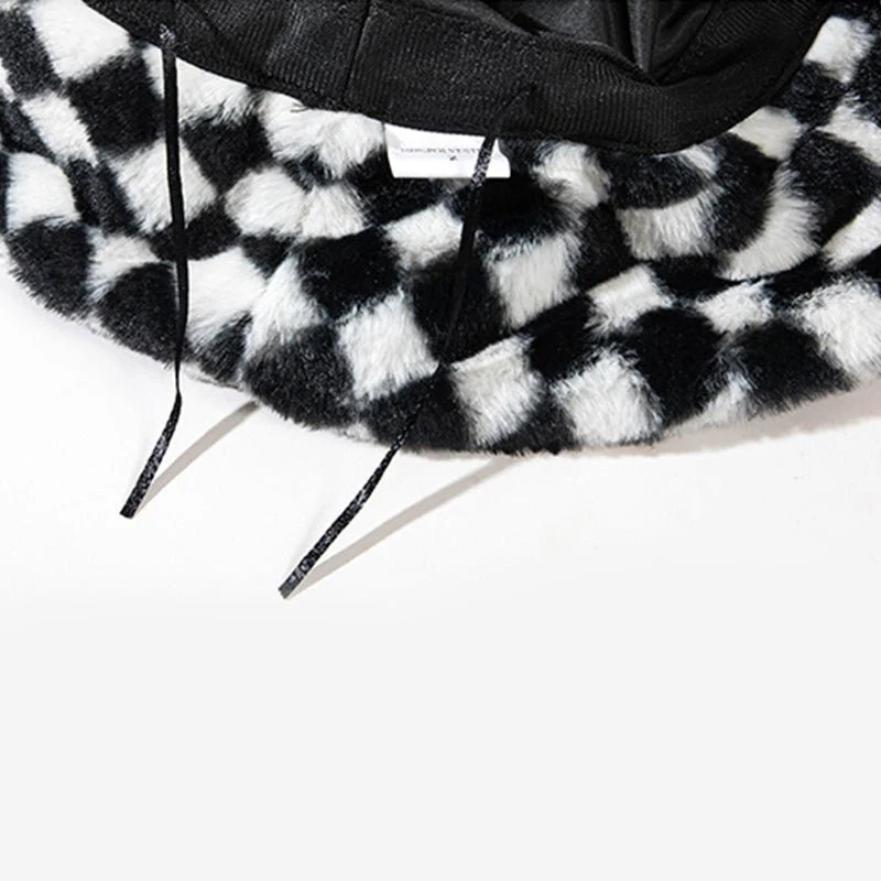 Black Plaid Faux Wool Plush Bucket Hat - Image 4