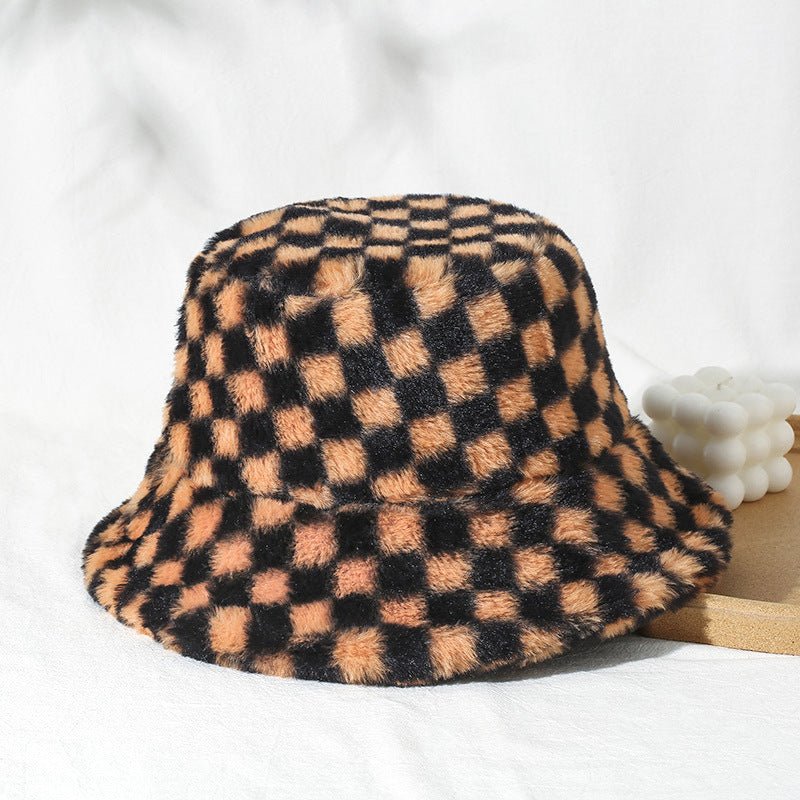 Black Plaid Faux Wool Plush Bucket Hat - Image 5