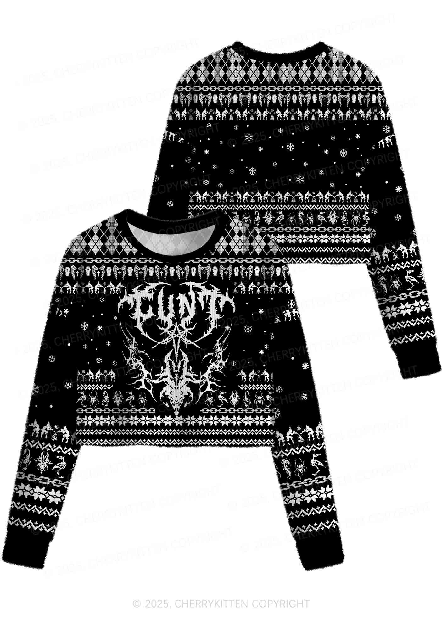 Black Punk Cxxt Y2K Christmas Crop Knit Sweatshirt Cherrykitten - Image 3